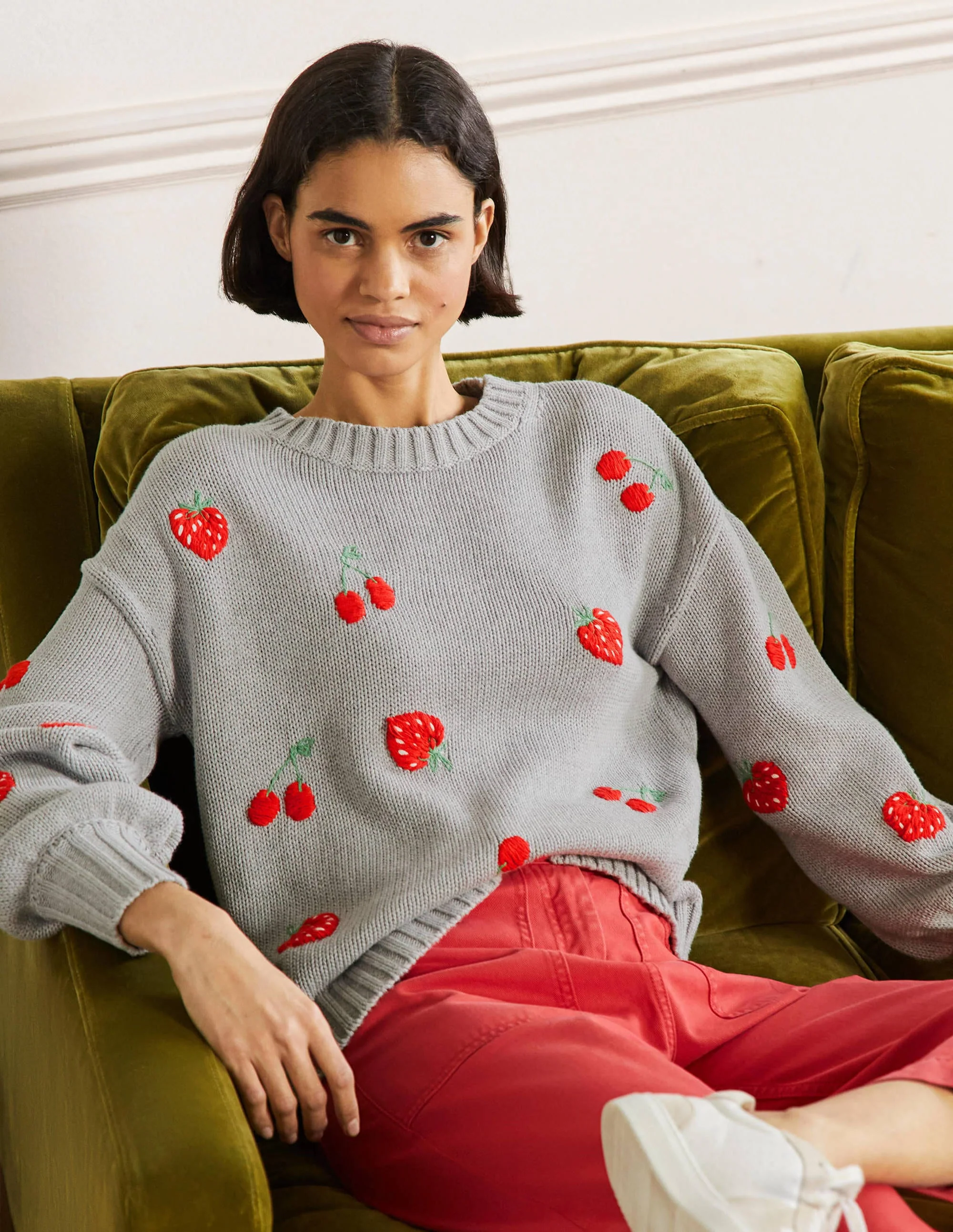 Embroidered Blouson Sweater-Silver Melange, Berries - Image 4
