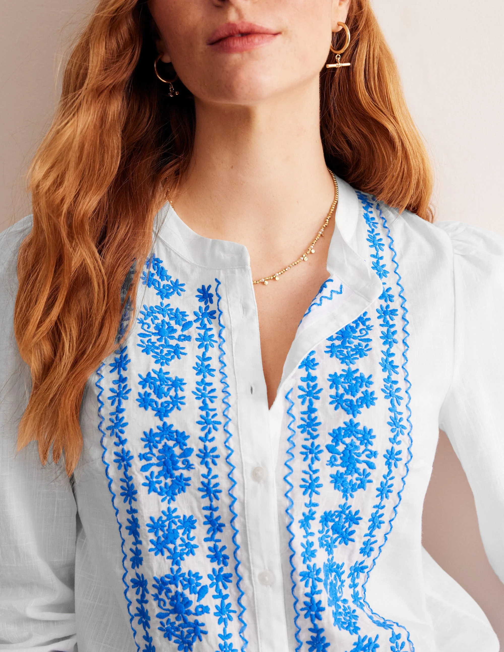 Embroidered Cotton Top-White, Indigo Bunting - Image 2