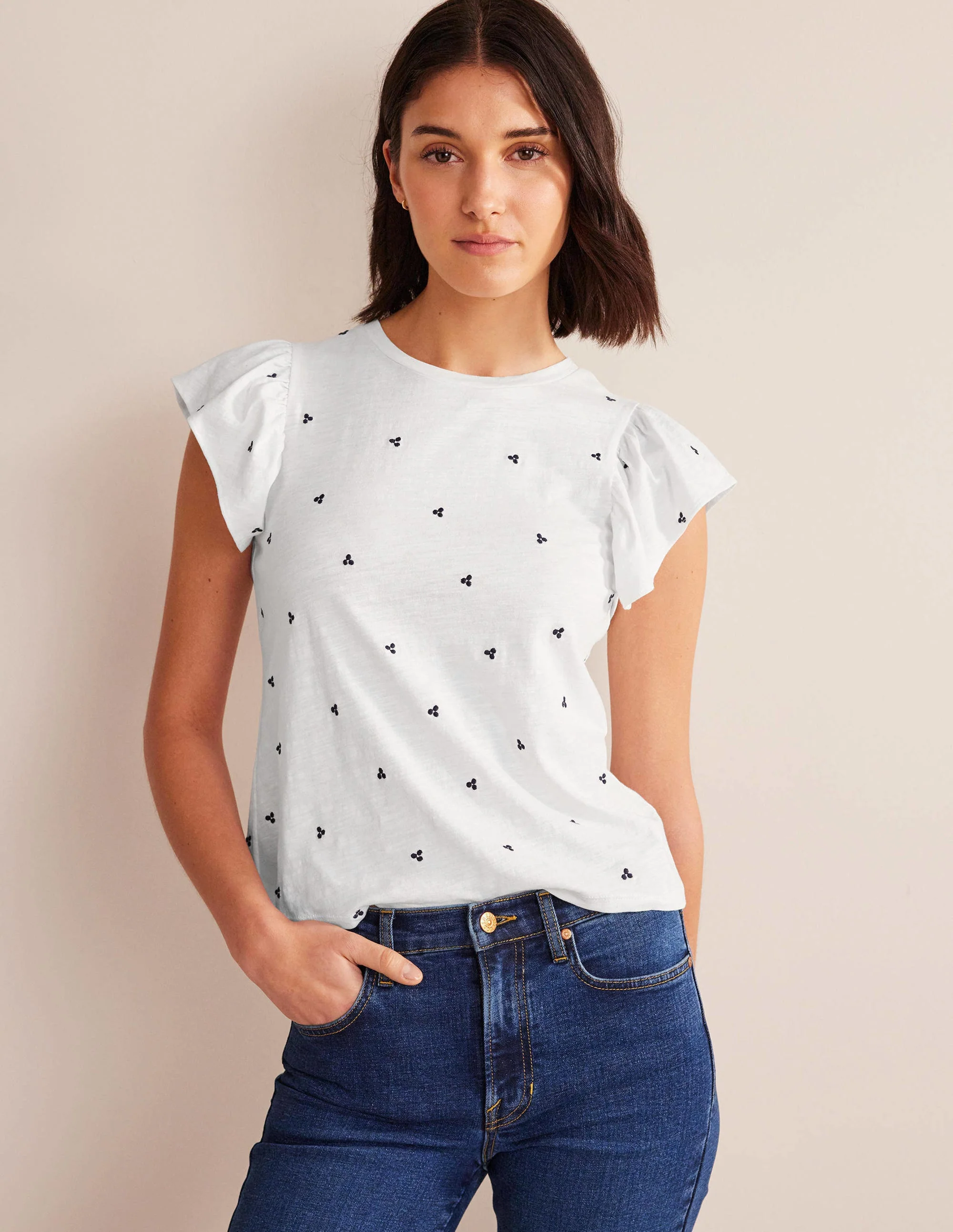Embroidered Flutter Top-White, Blue Embroidery - Image 4