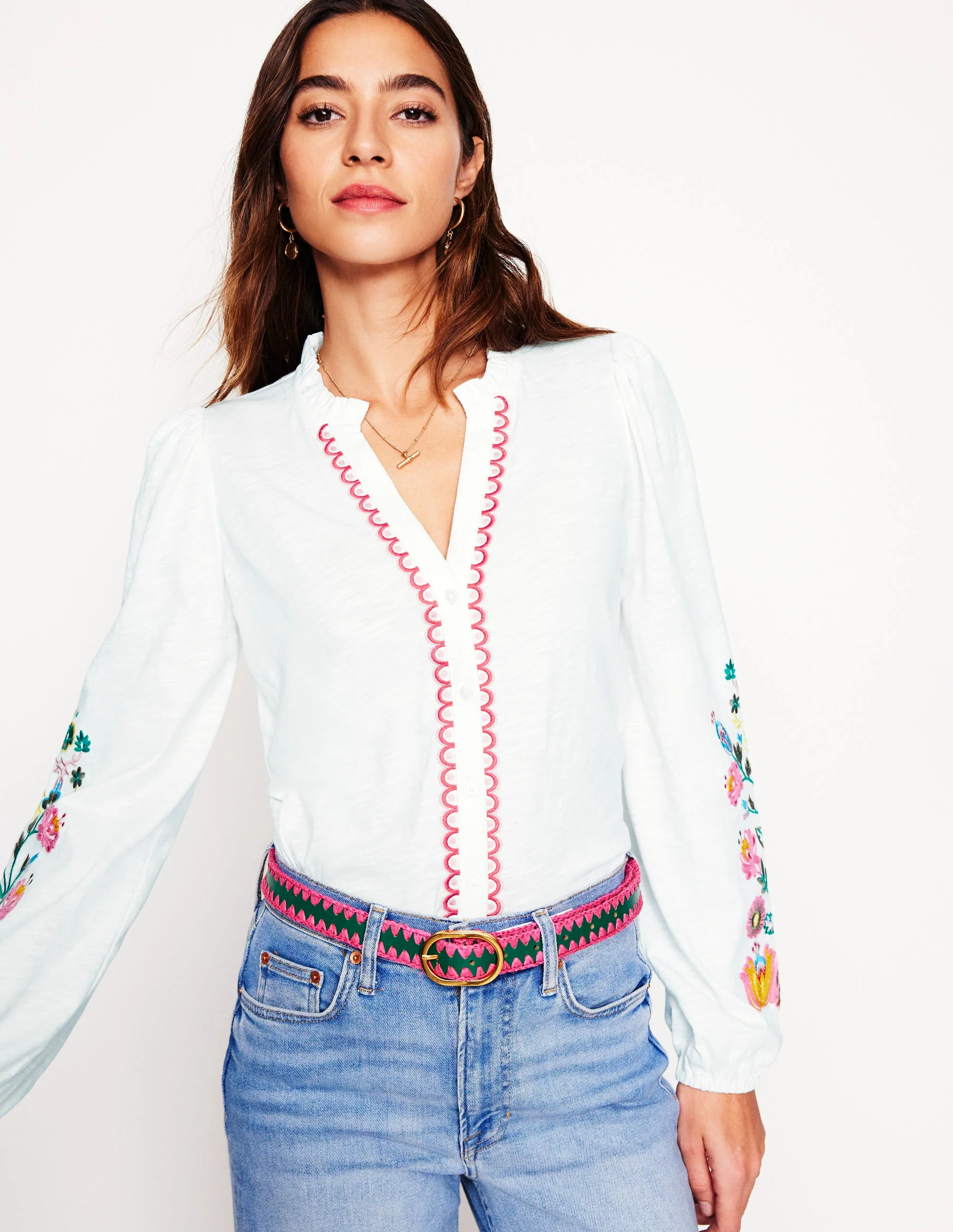 Embroidered Frill Neck Blouse-White, Multi Floral Embroidery - Image 4