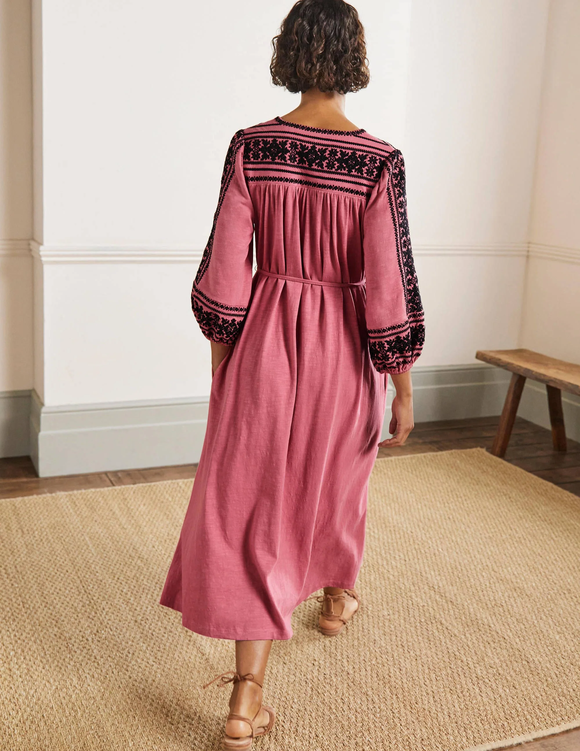 Embroidered Jersey Midi Dress-Dusty red - Image 3