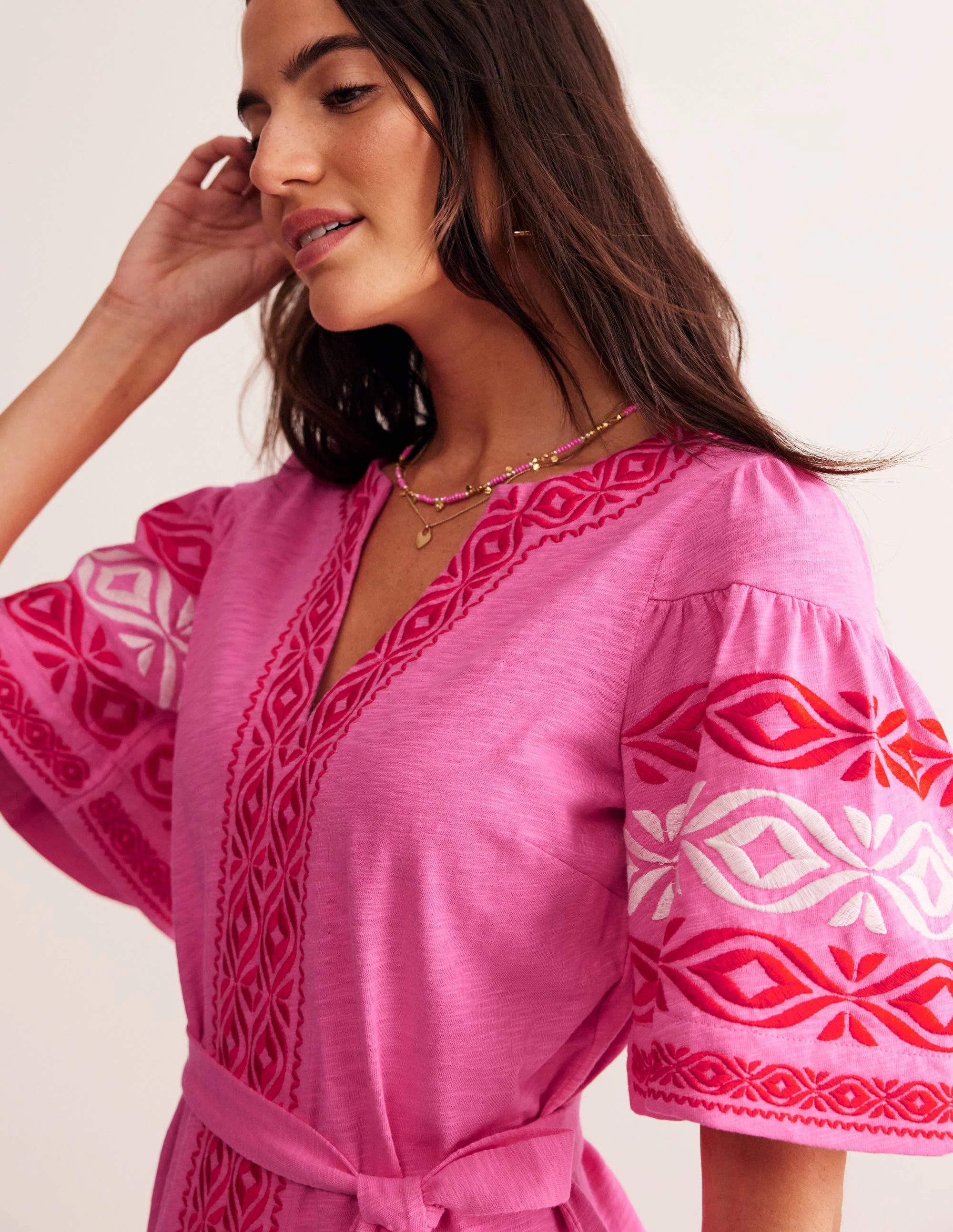 Embroidered Jersey Short Dress-Sangria Sunset - Image 2