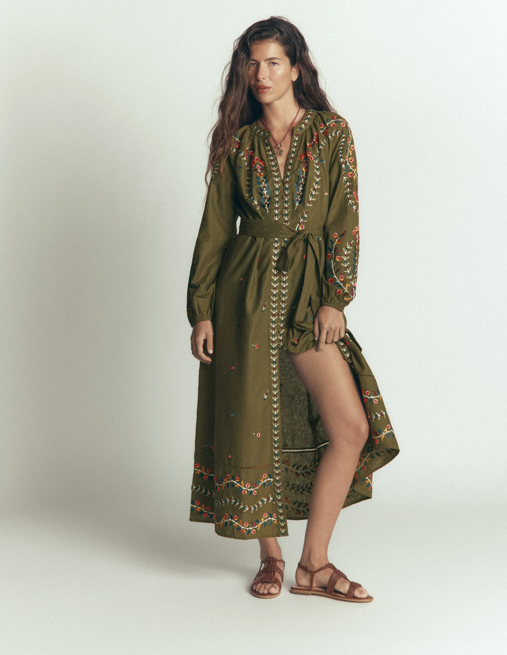 Embroidered Linen Dress-Woodland Green, Embroidery - Image 5