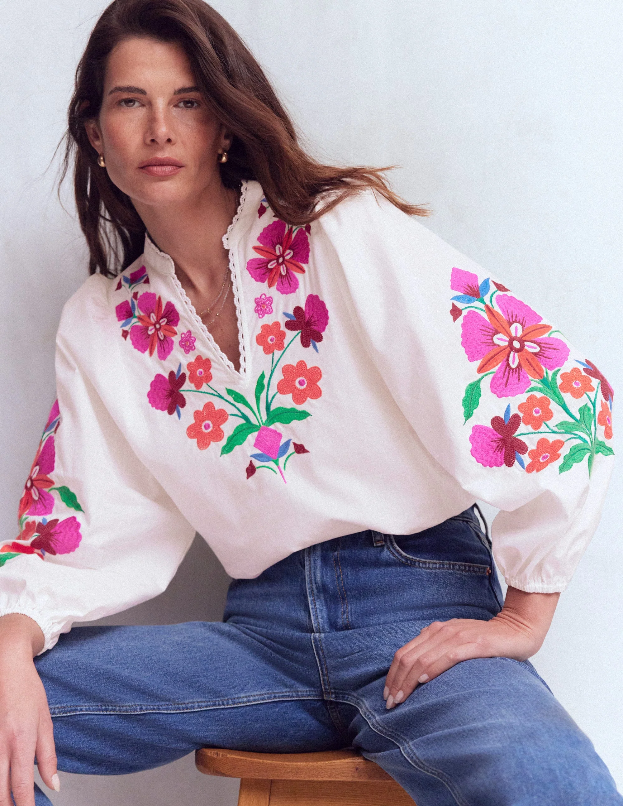 Embroidered Notch Neck Top-Floral Placement Embroidery - Image 2