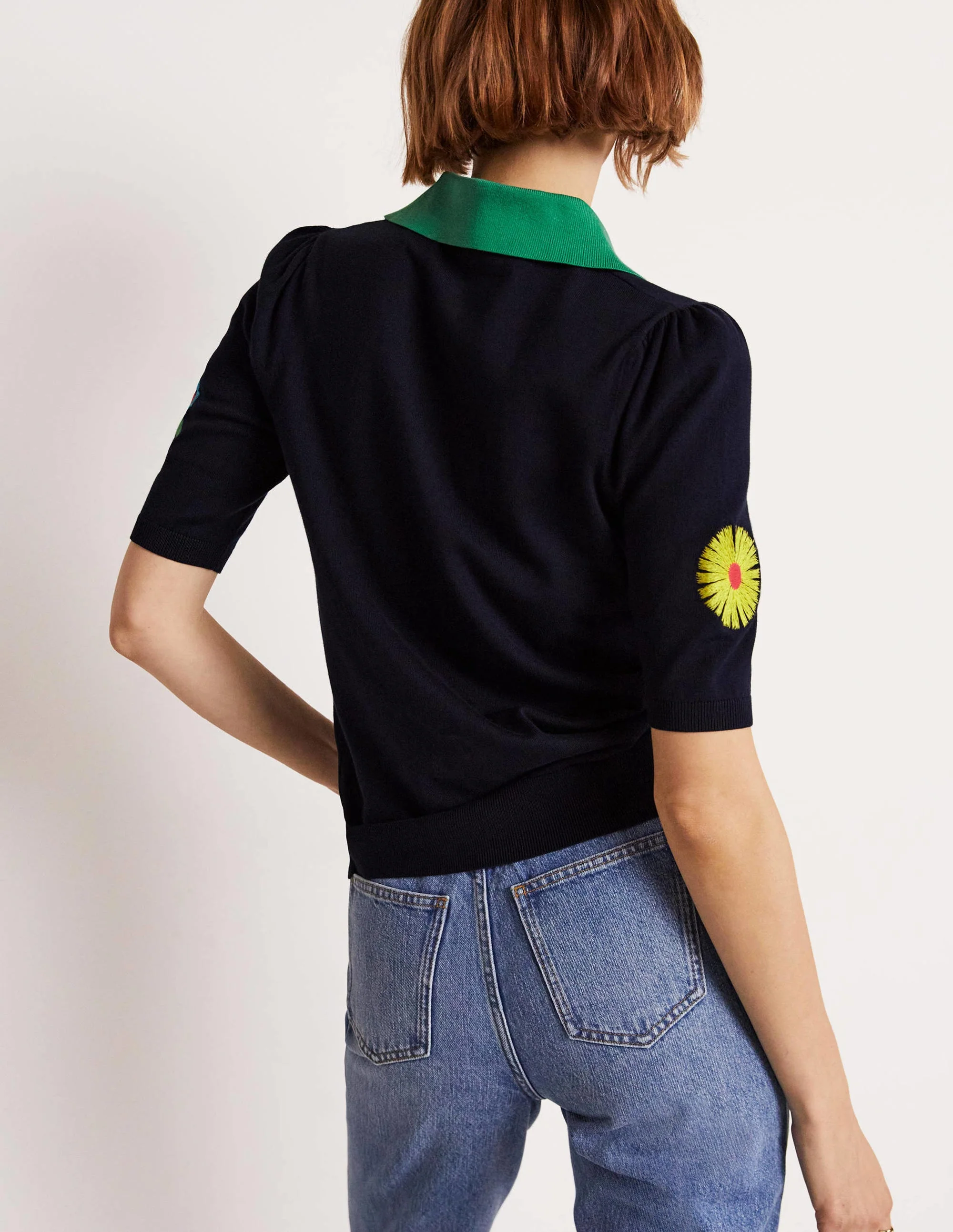 Embroidered Pop Collar Sweater-Navy, Multi Flowers - Image 3