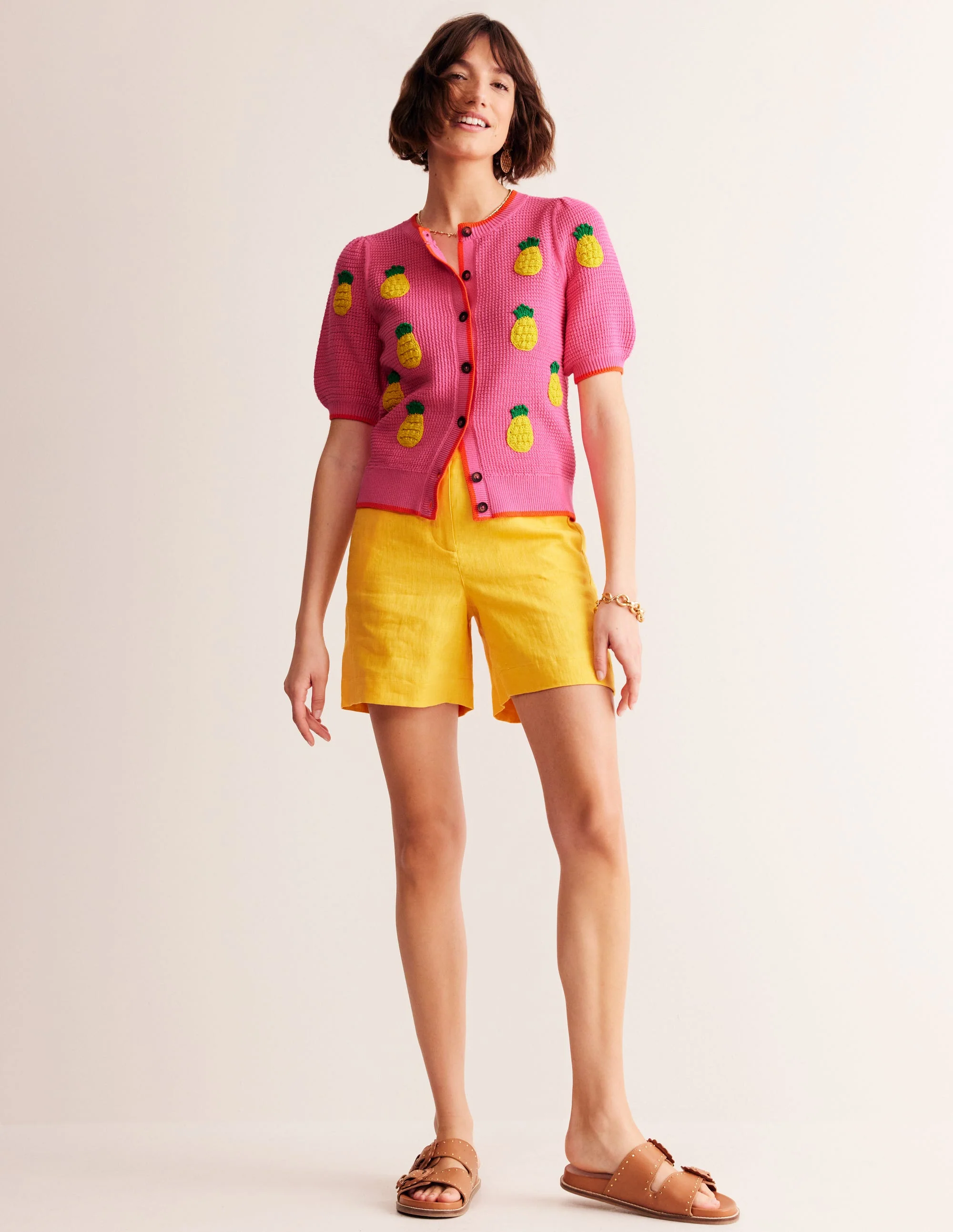 Embroidered T-Shirt Cardigan-Party Pink, Pineapples - Image 4