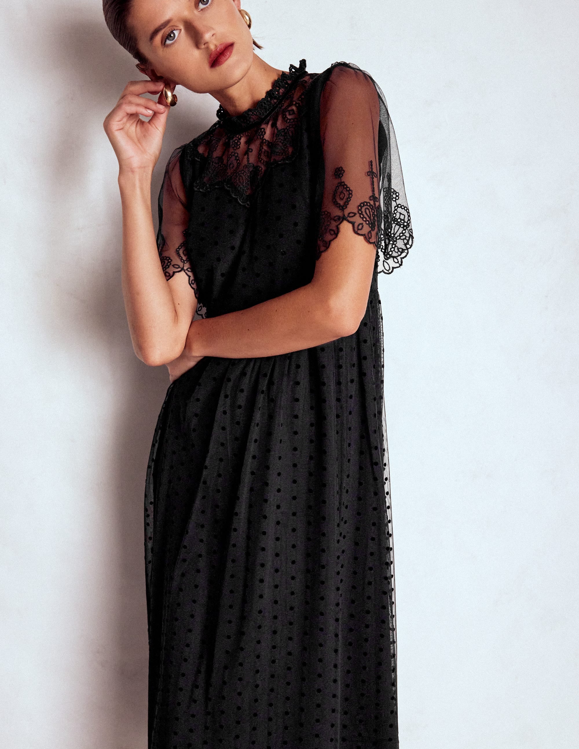 Embroidered Tulle Party Dress-Black - Image 5
