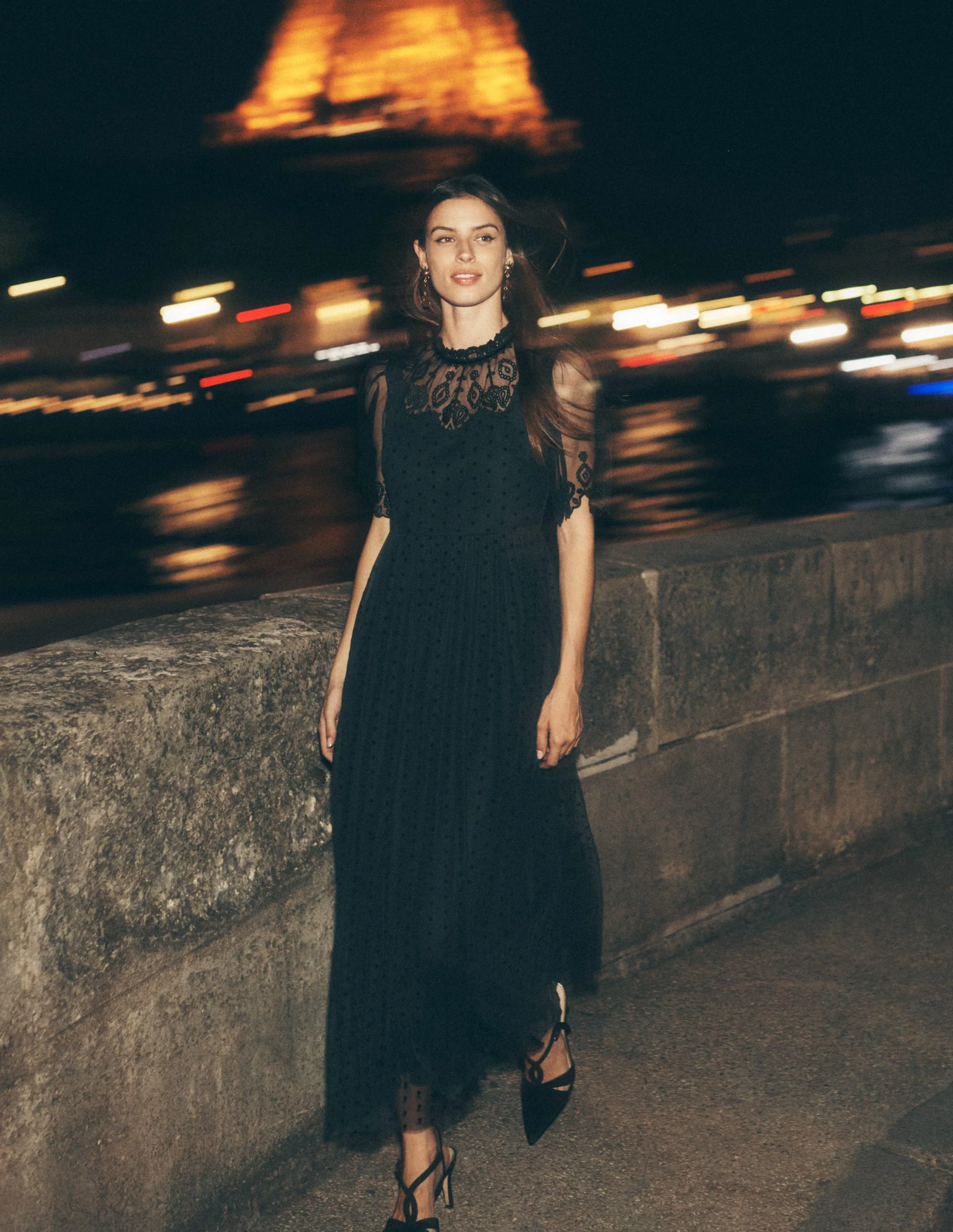 Embroidered Tulle Party Dress-Black - Image 7