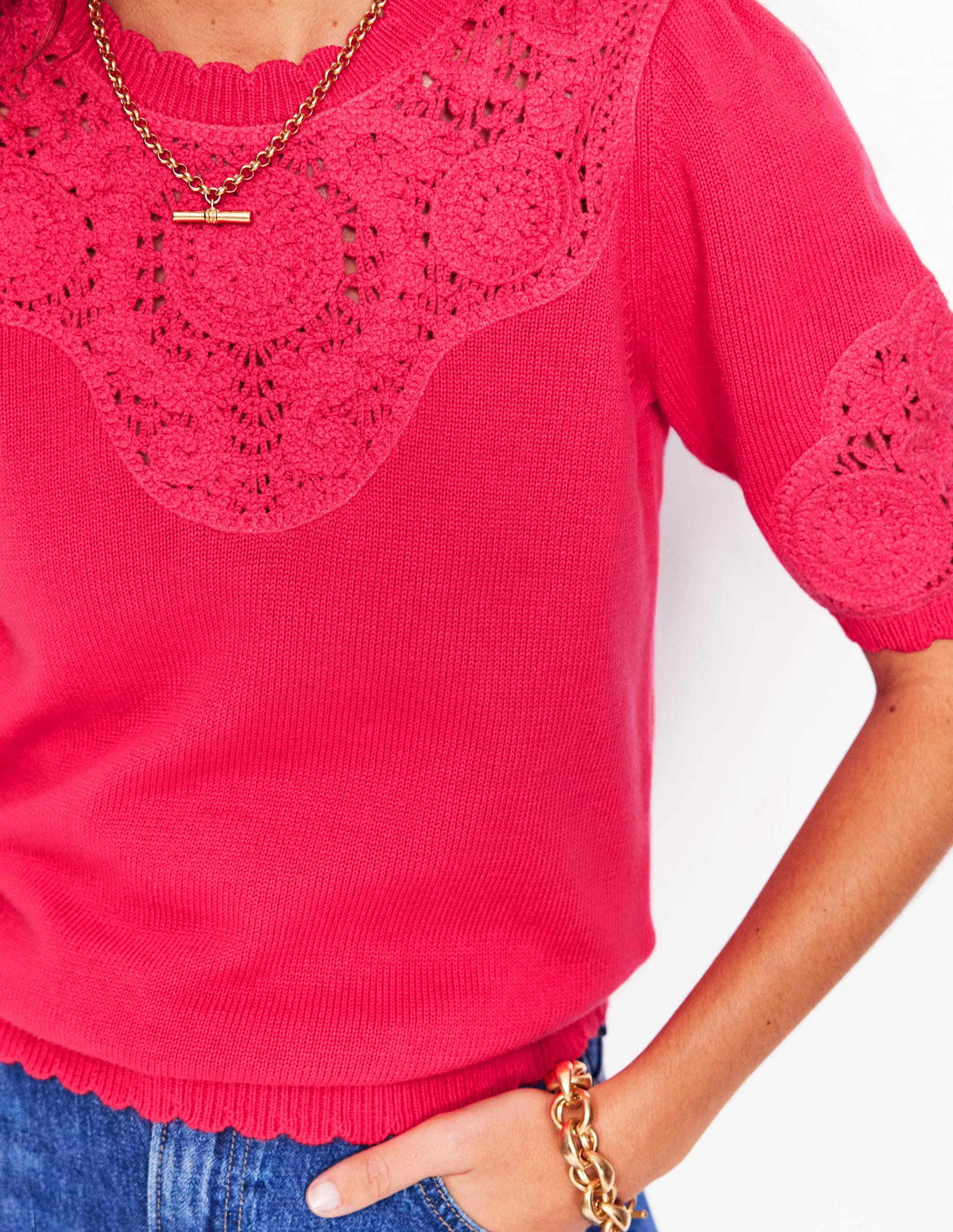 Embroidered Yoke Knitted Tee-Camelia Pink - Image 2