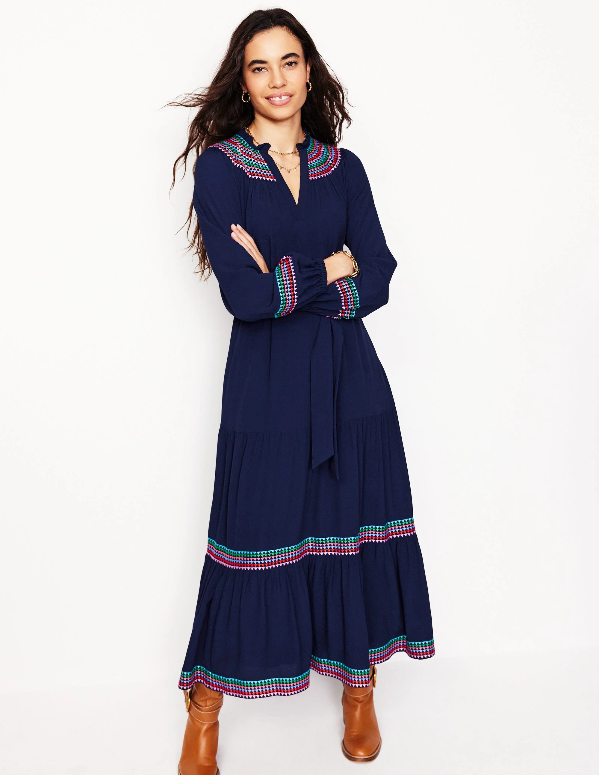 Embroidered Yoke Midi Dress-Navy - Image 4