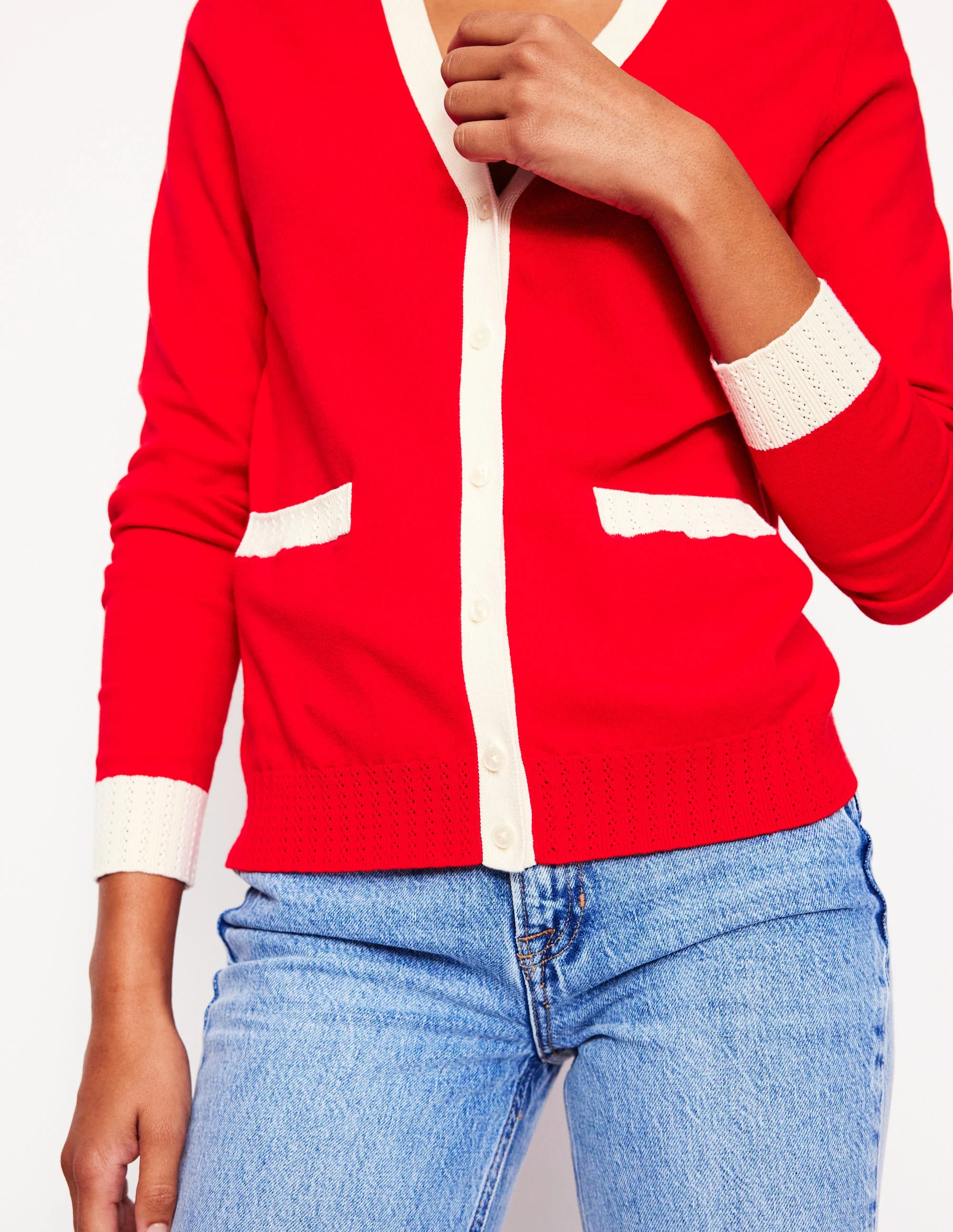 Emilia Cotton V Neck Cardigan-Poppy Red - Image 2