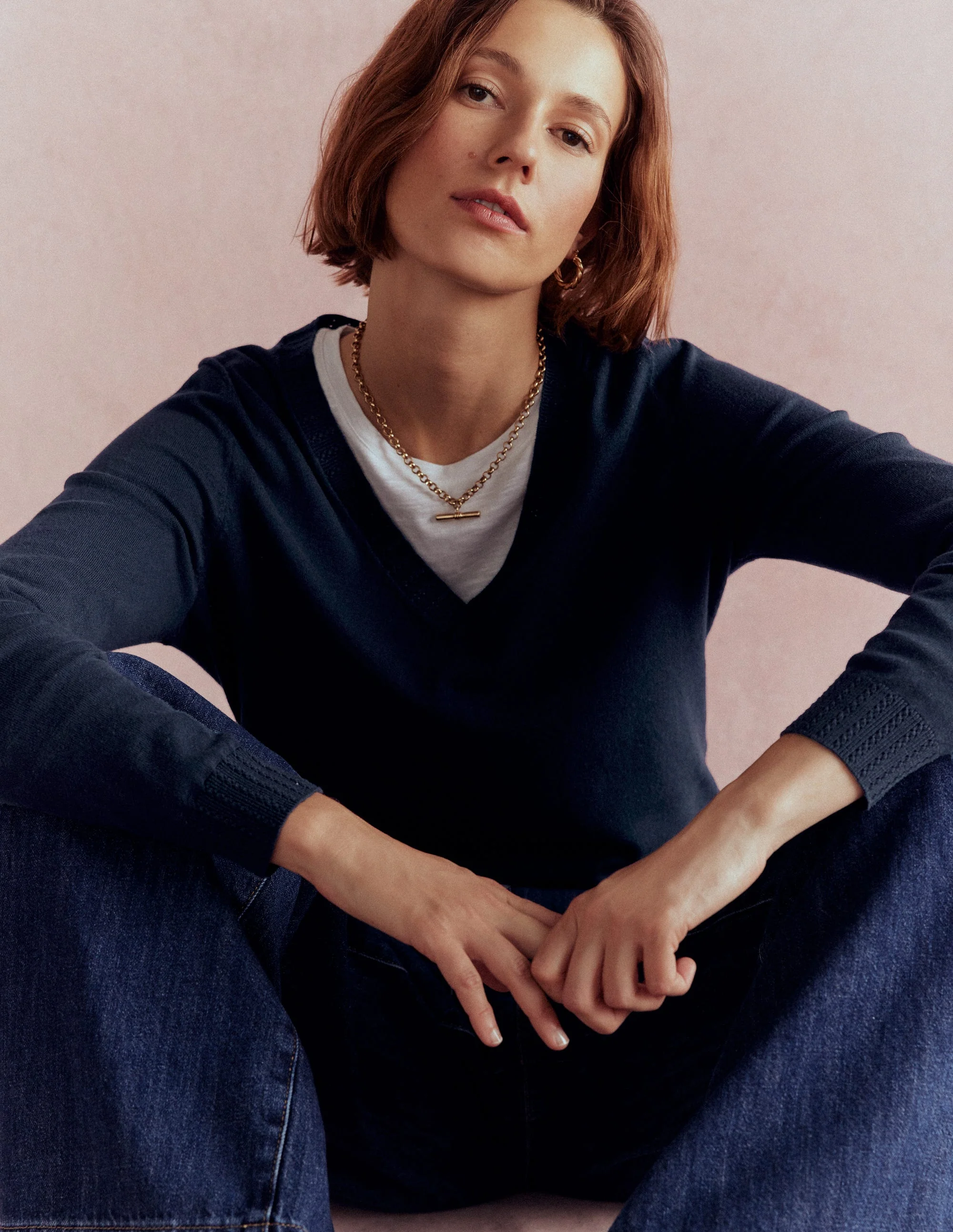 Emilia Cotton V Neck Sweater-Navy - Image 7