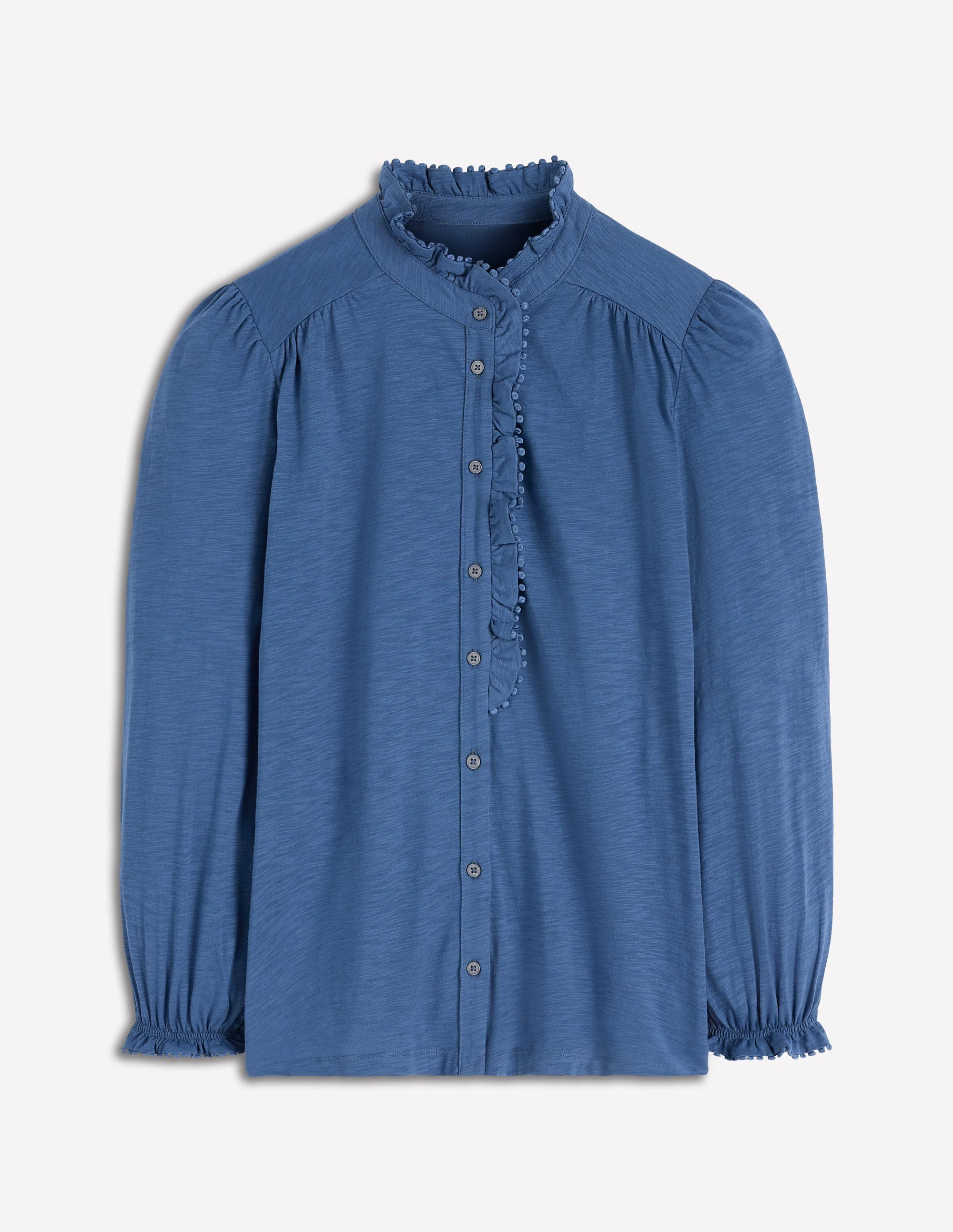 Emily Pom Trim Ruffle Shirt-Denim Blue - Image 5