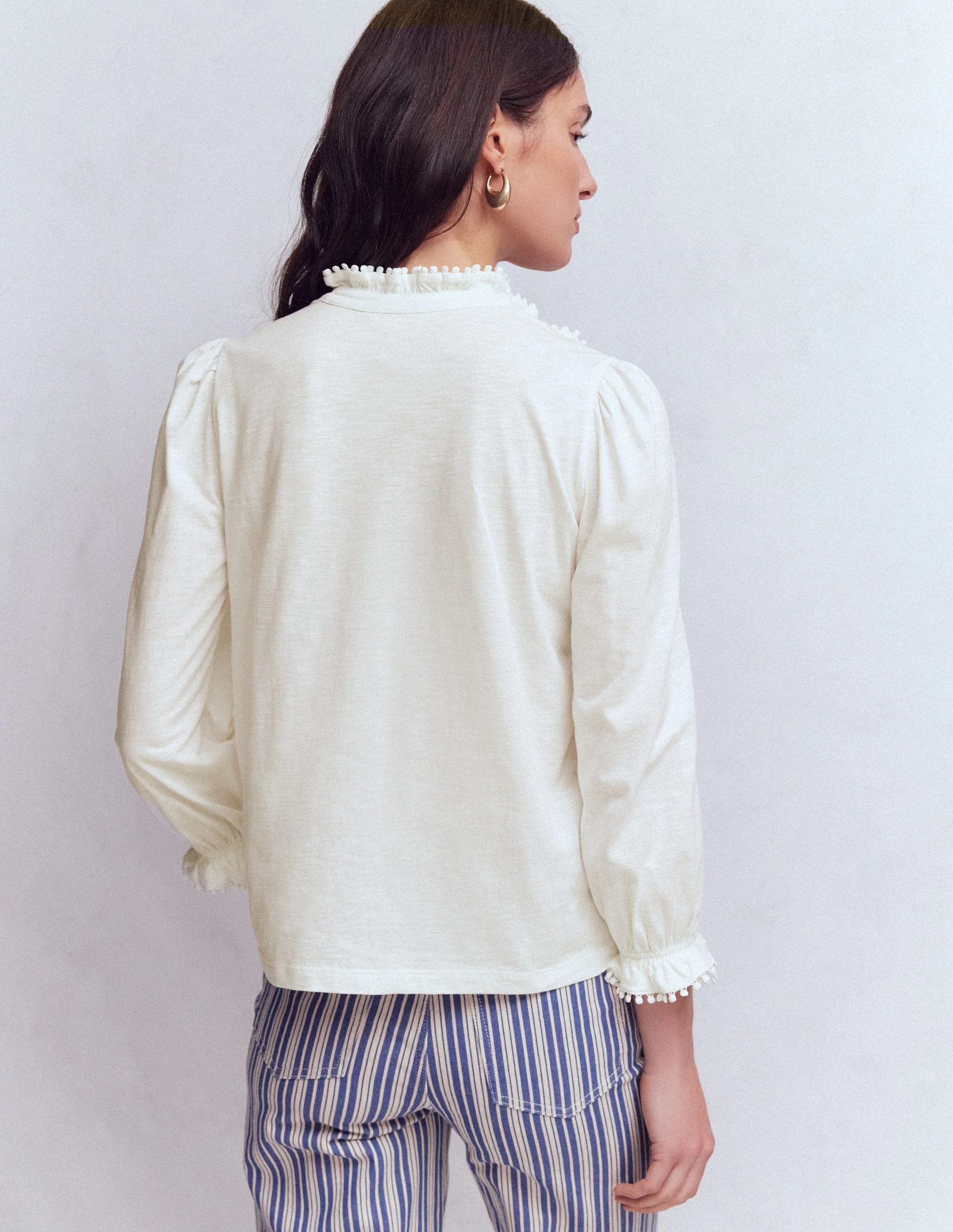 Emily Pom Trim Ruffle Shirt-Ivory - Image 3