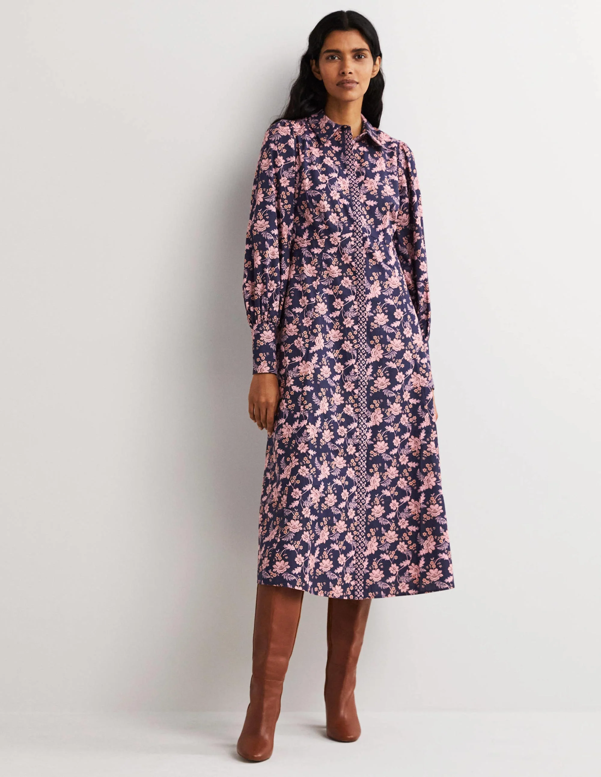 Empire Midi Shirt Dress-Navy, Chintz Bloom - Image 2