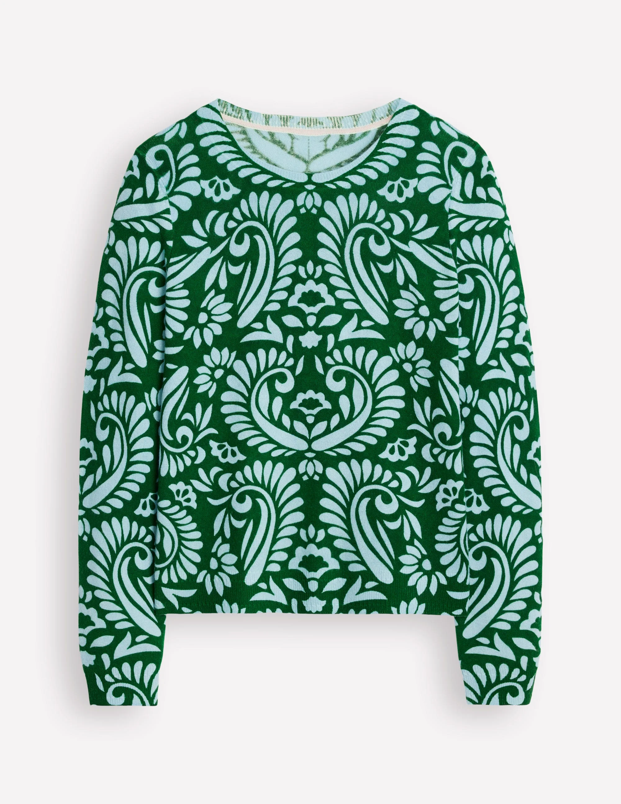 Eva Cashmere Crew Neck Sweater-Pine Green, Decorative Flora - Image 5