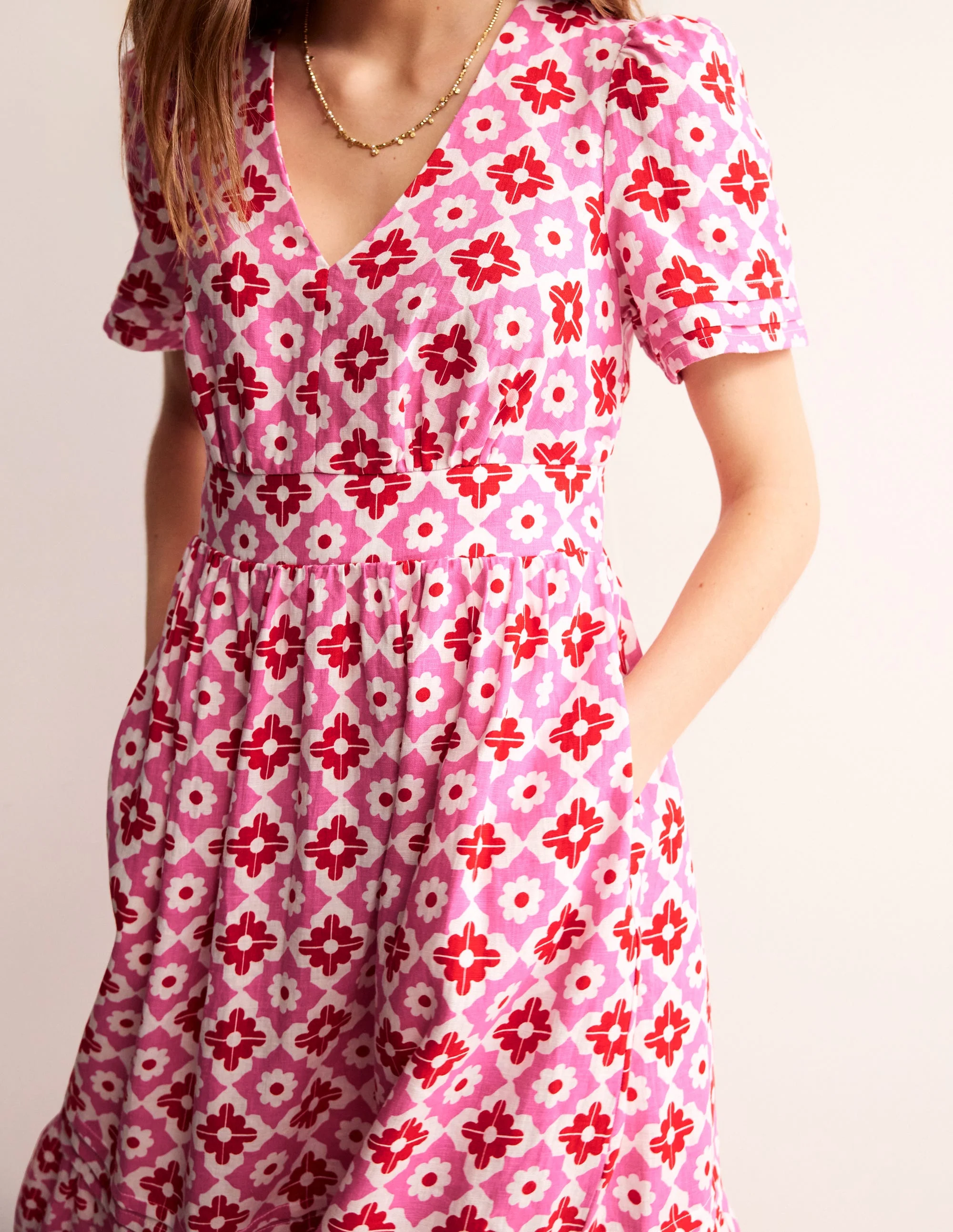 Eve Linen Midi Dress-Pink Power, Geometric Stamp - Image 3