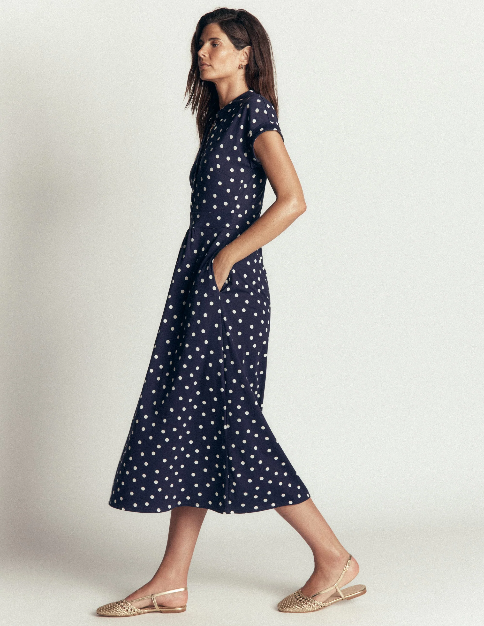 Fae Jersey Shirt Dress-Navy, Painted Dot Spaced - Image 4
