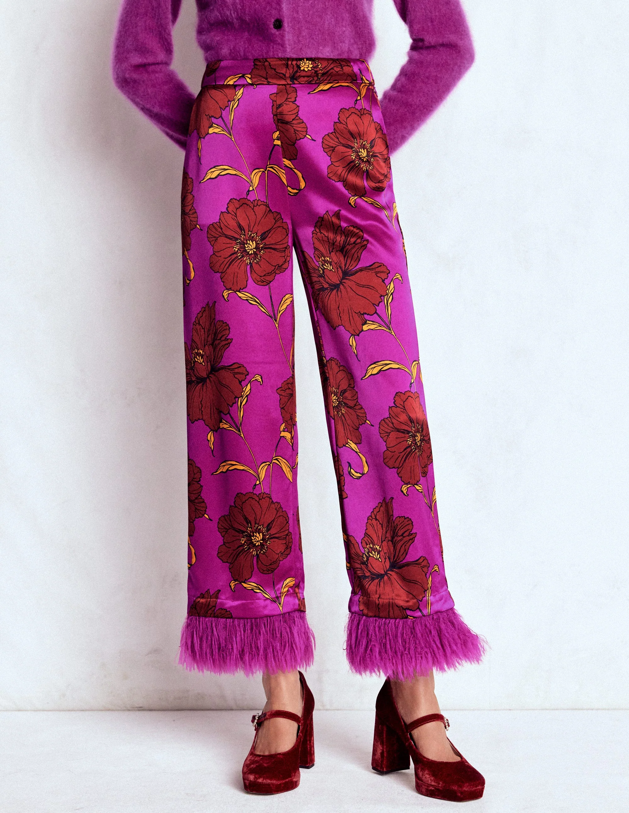Faux Feather Trim Pants-Regal Purple, Peony Bloom - Image 4