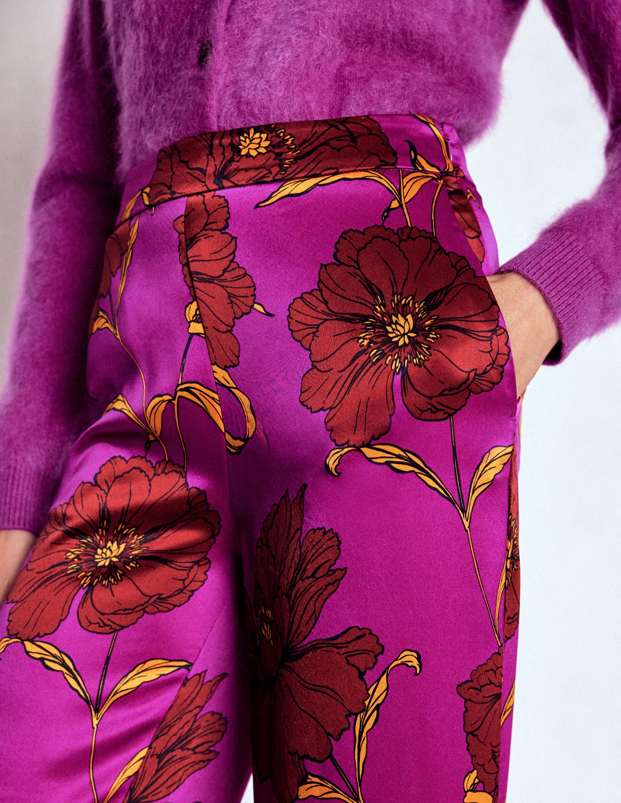 Faux Feather Trim Pants-Regal Purple, Peony Bloom - Image 5