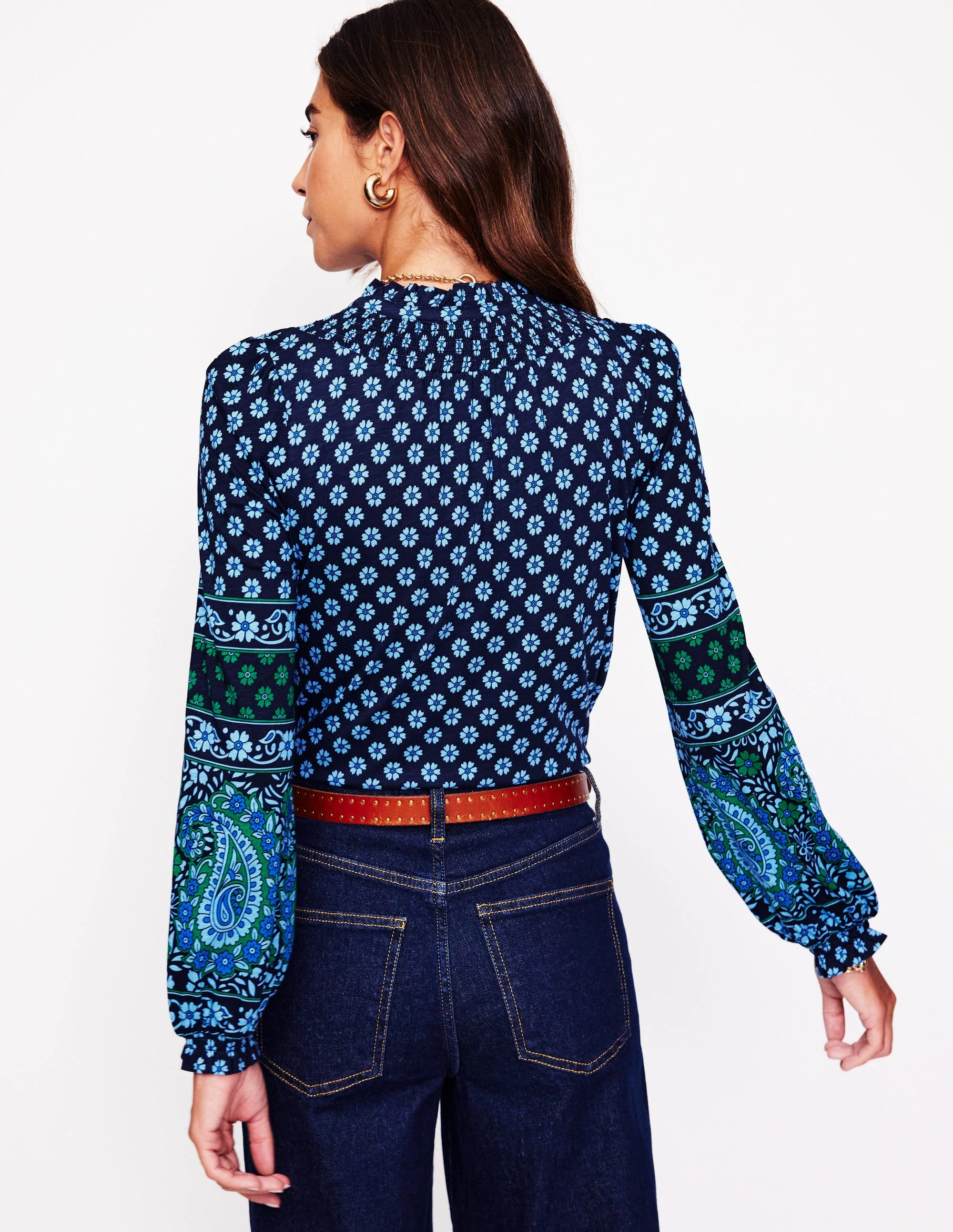 Fay Smocked Jersey Shirt-Dawn Blue, Paisley Posy - Image 3