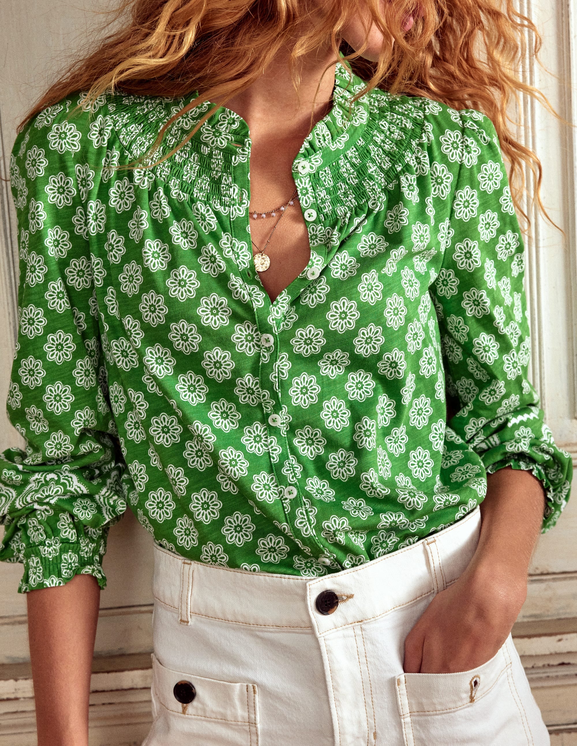 Fay Smocked Jersey Shirt-Paradise Green, Botanic Blush - Image 2