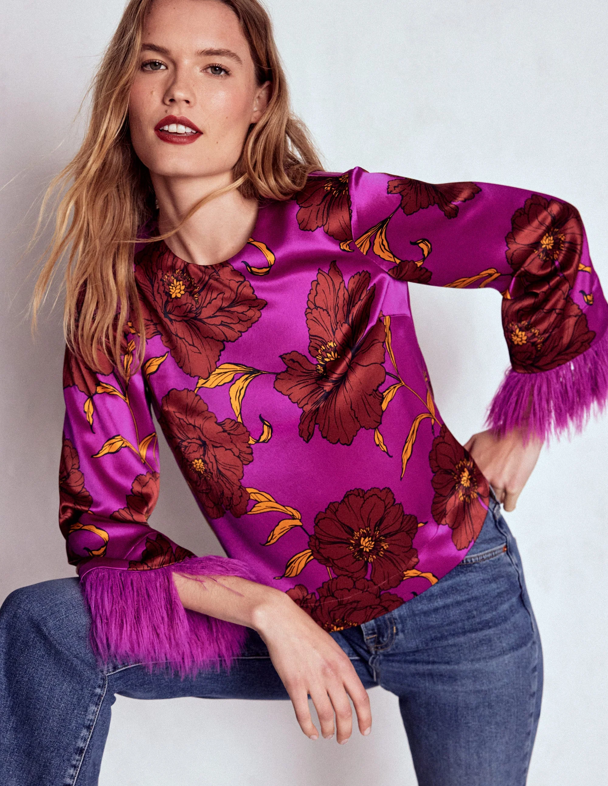 Feather Cuff Top-Regal Purple, Peony Bloom - Image 4