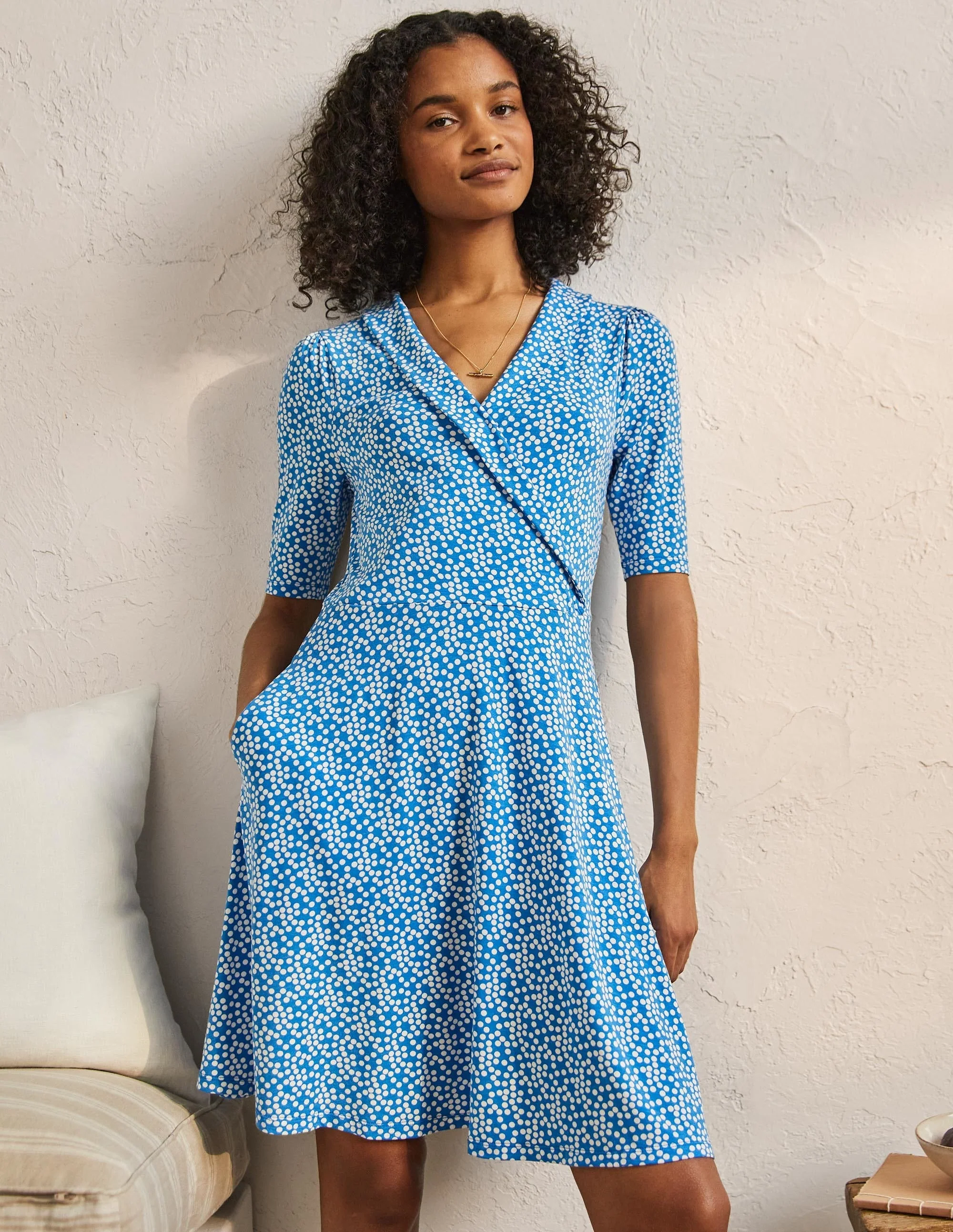 Fixed Wrap Jersey Dress-Moroccan Blue Spot - Image 4