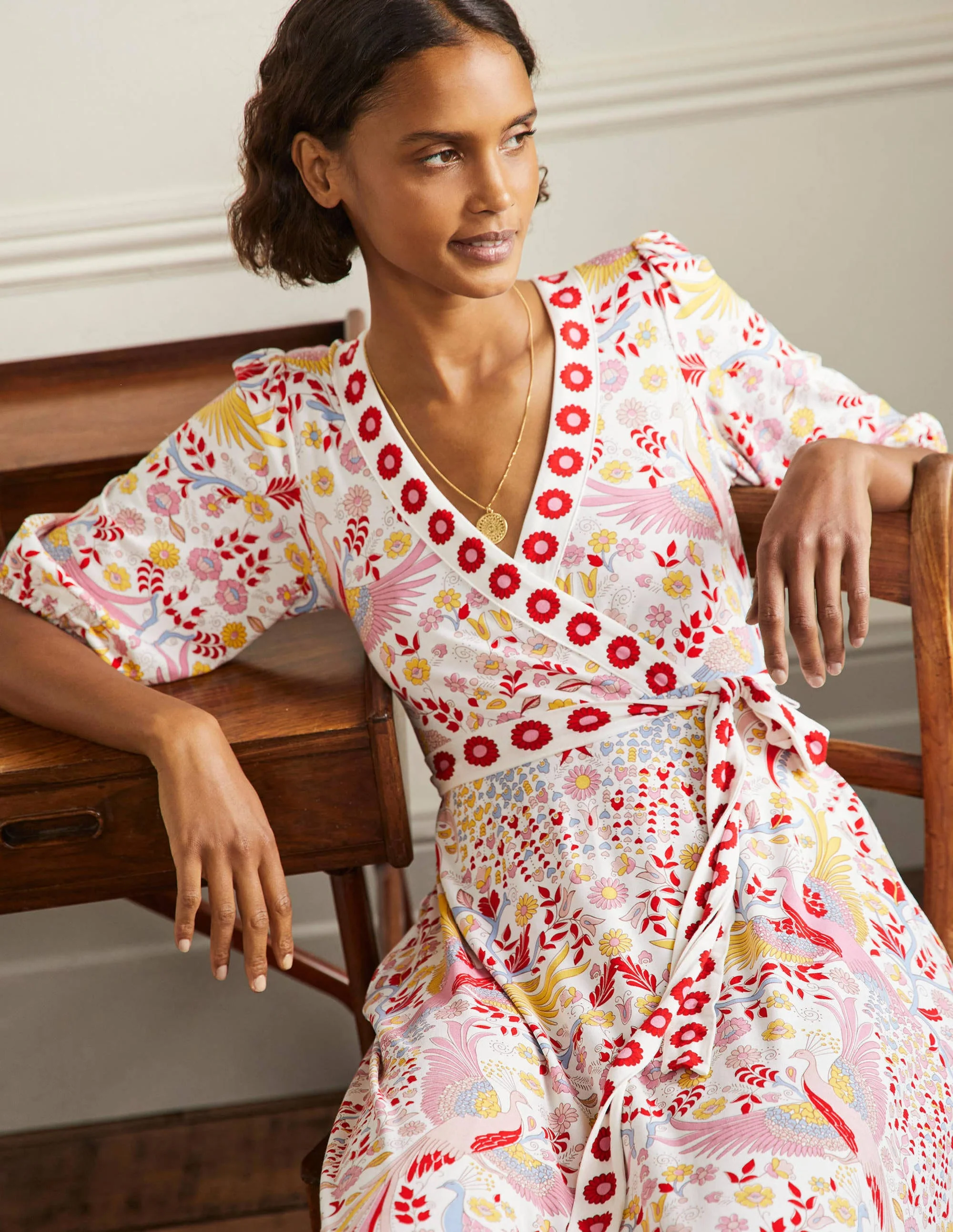 Fixed Wrap Jersey Maxi Dress-Multi, Enchanting Peacock