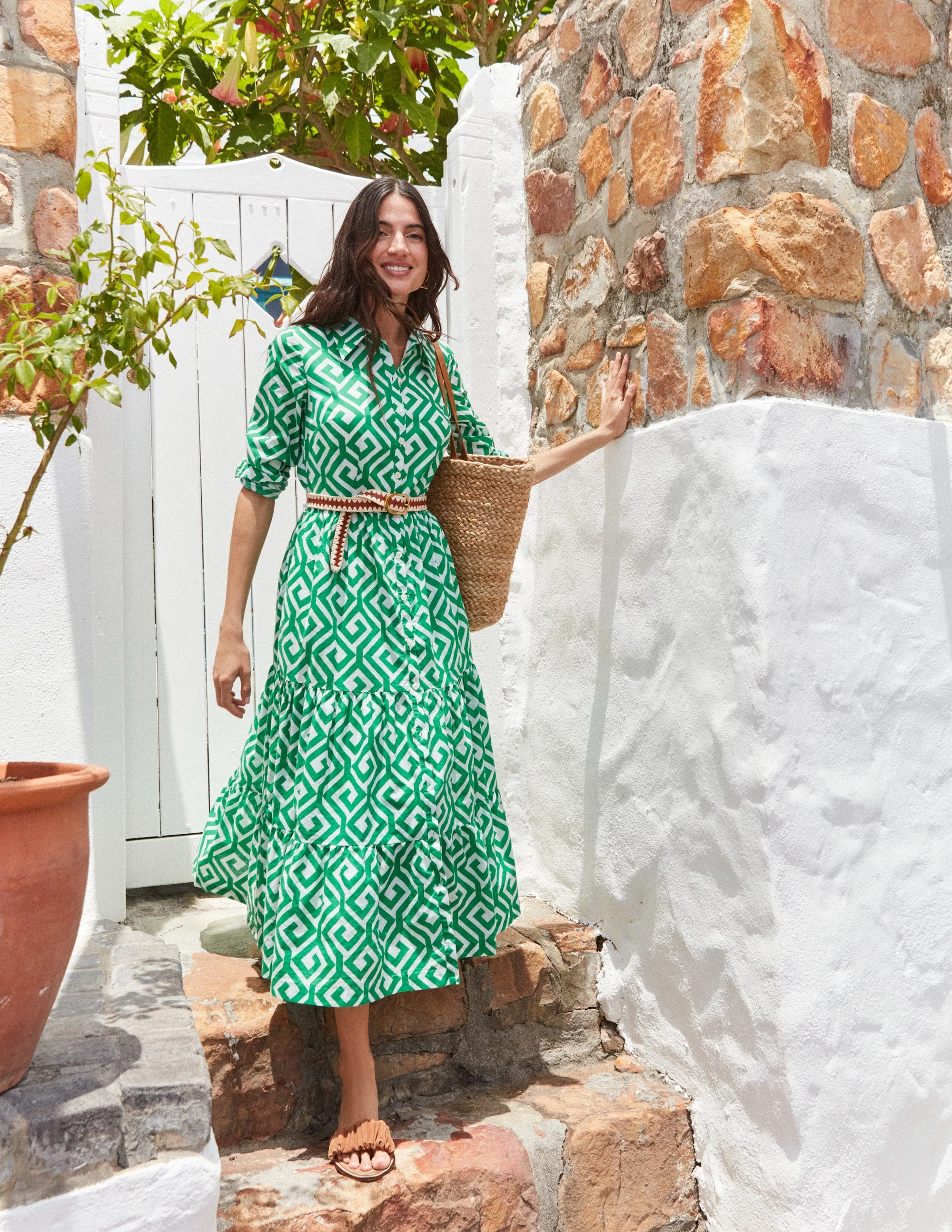 Flo Cotton Midi Shirt Dress-Green Tambourine, Maze - Image 7