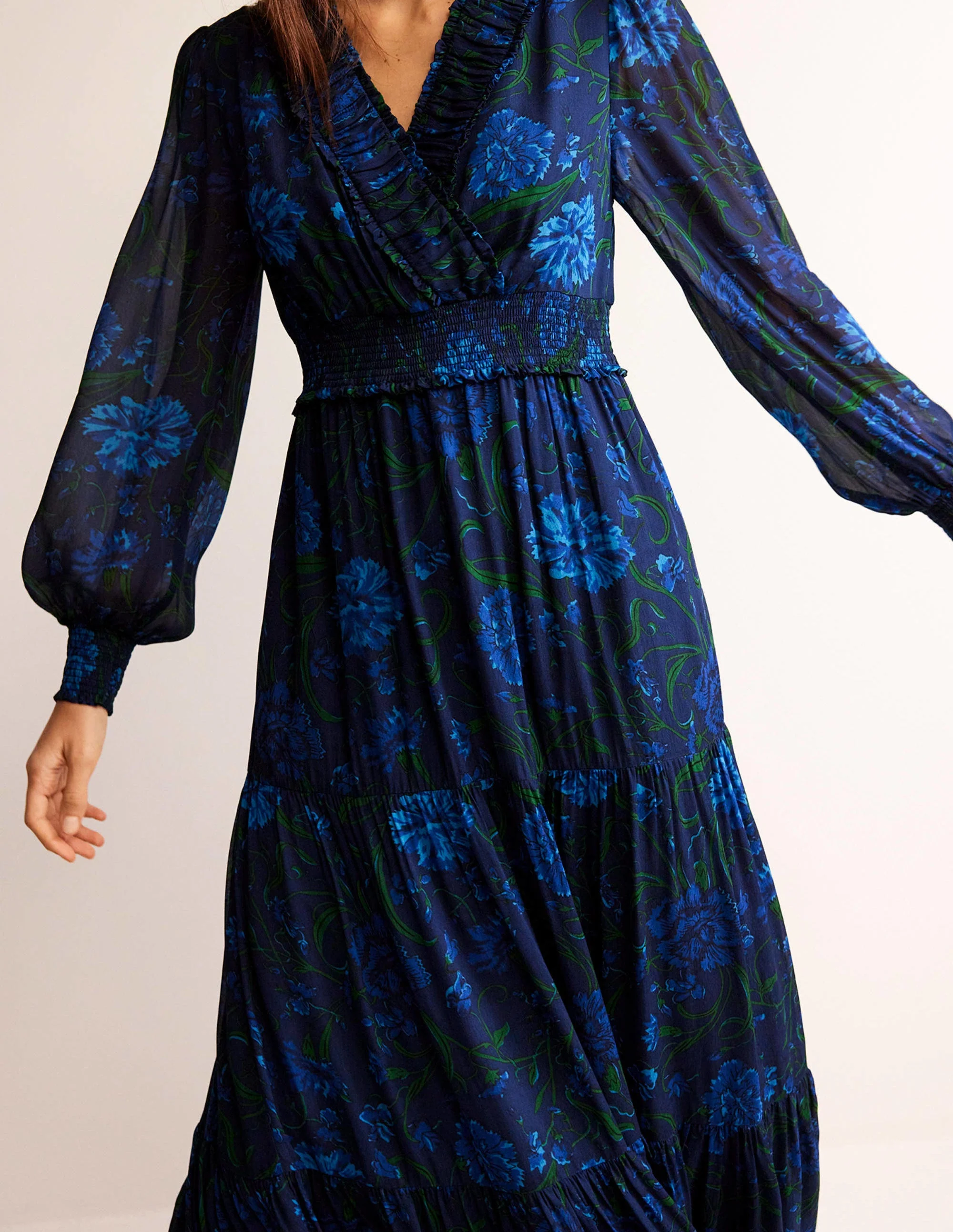 Floral Ruffle-Neck Maxi Dress-Navy, Freesia - Image 3