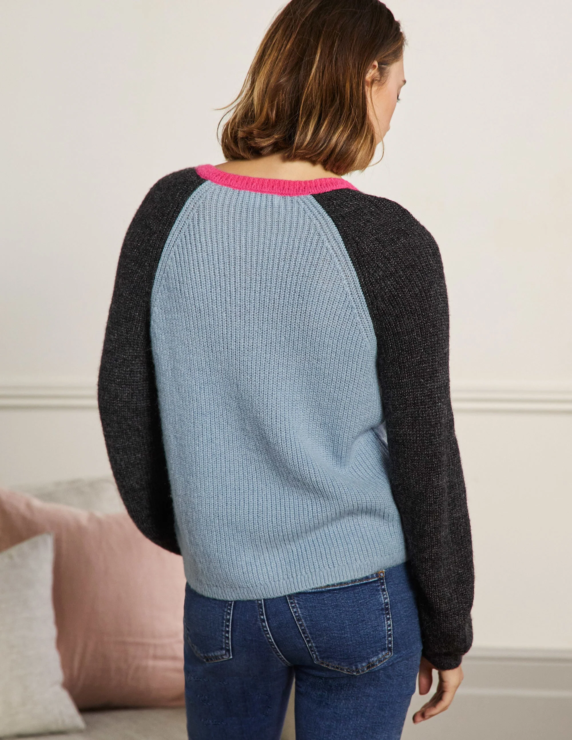 Fluffy Colourblock Cardigan-Dawn Blue, Charcoal - Image 3