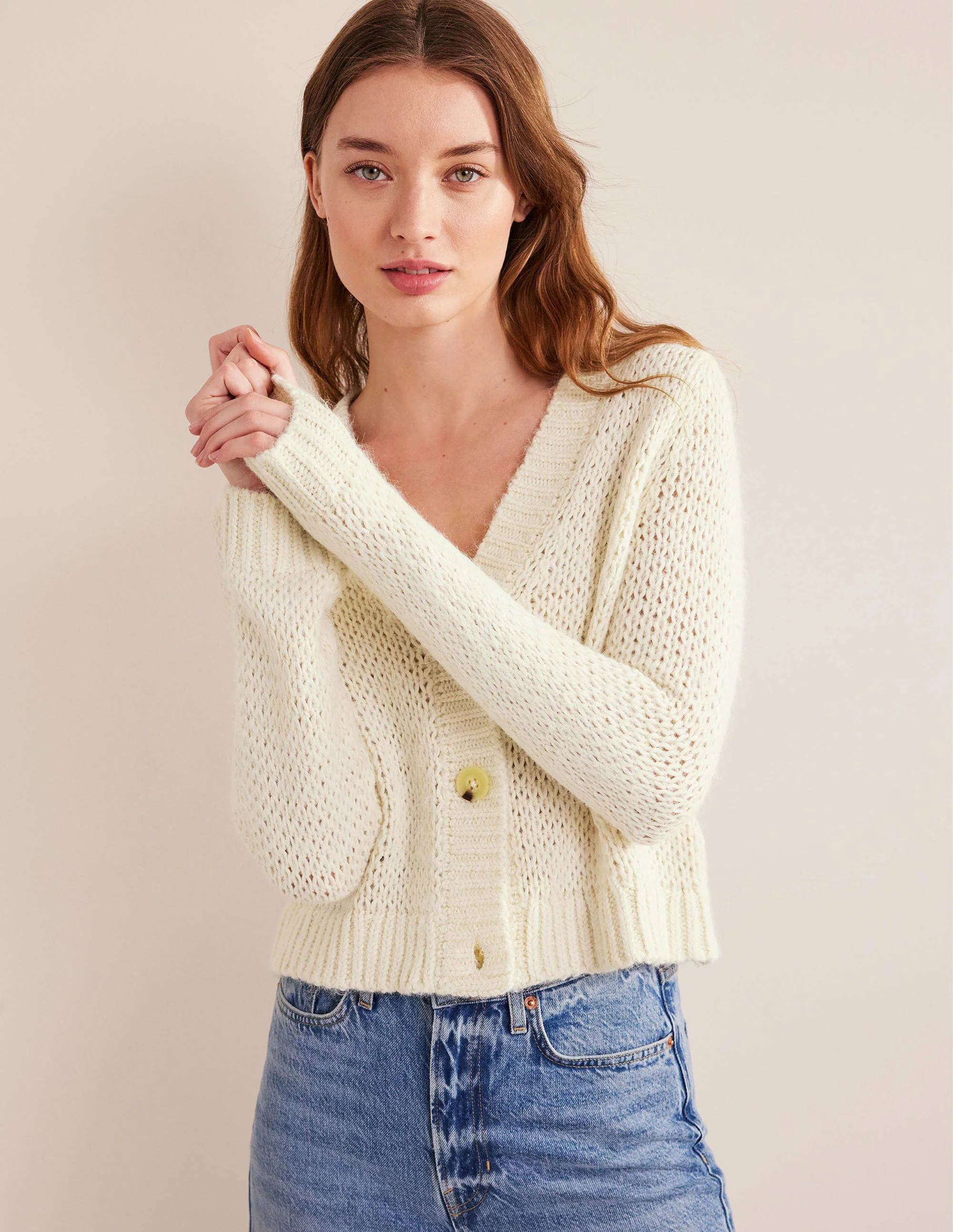 Fluffy Open Stitch Cardigan-Warm Ivory - Image 4