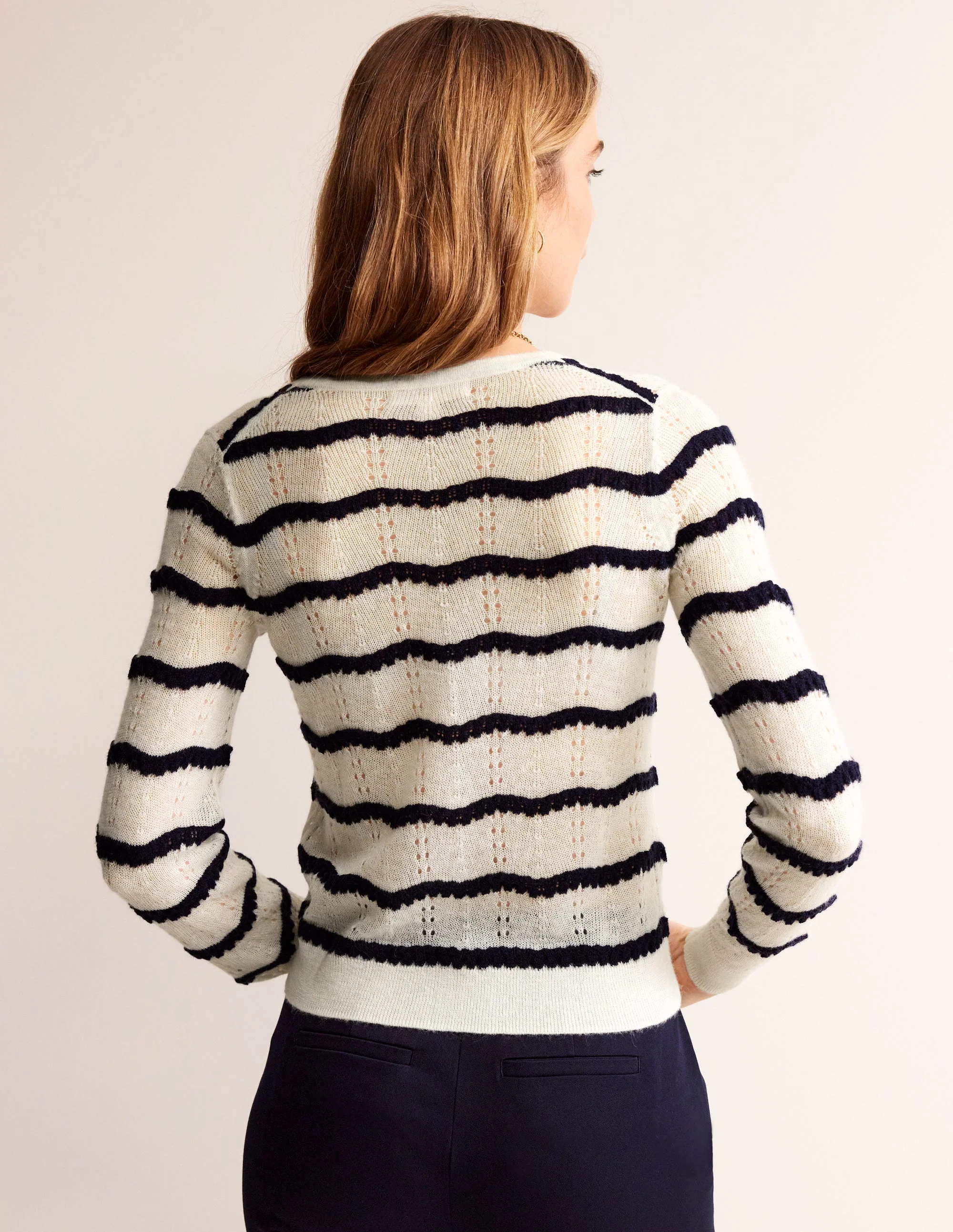 Fluffy Pointelle Cardigan-Ivory. Naval Academy Stripe - Image 3