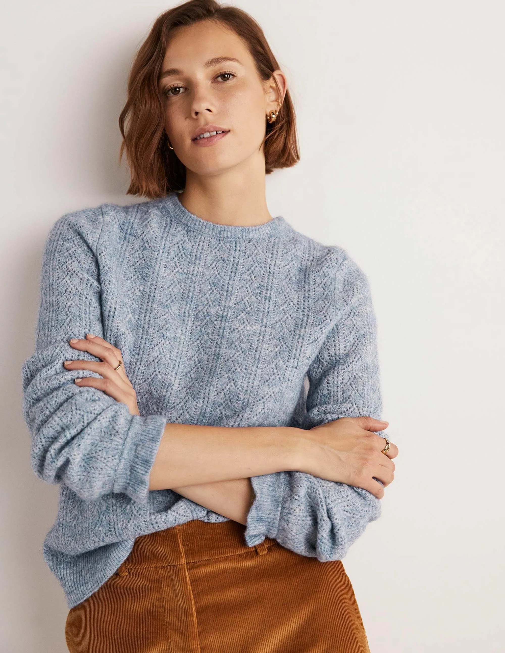 Fluffy Pointelle Sweater-Corporal Blue Melange