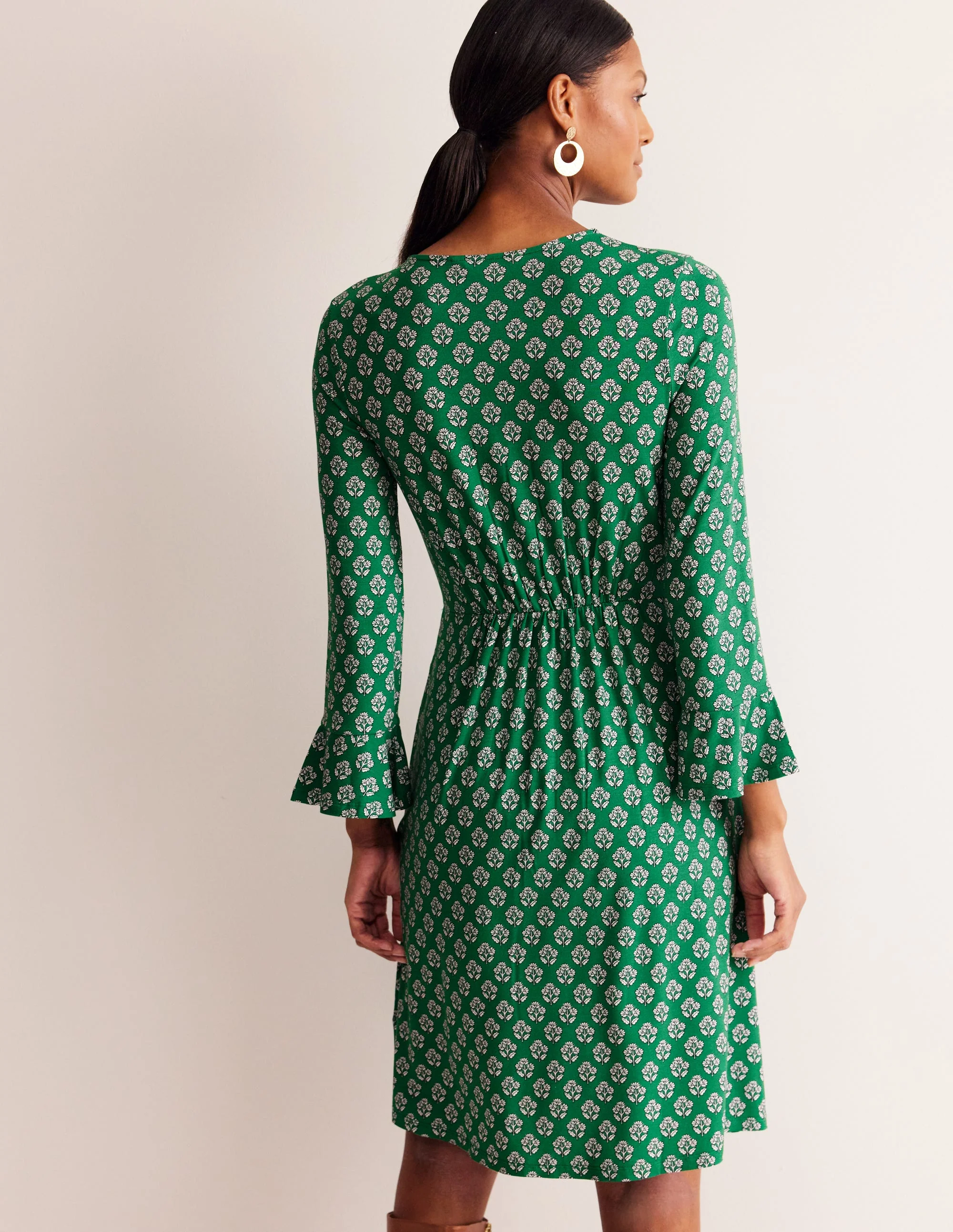 Flute Sleeve Jersey Dress-Rich Emerald, Pome Stamp - Image 3