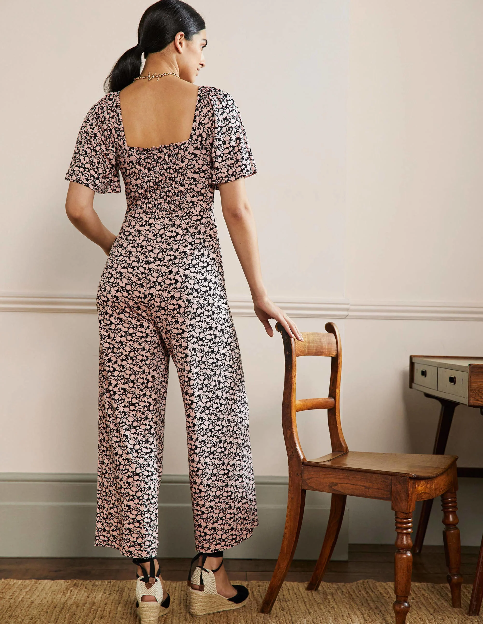 Flutter Sleeve Jersey Jumpsuit-MIlkshake, Flora Bloom - Image 3