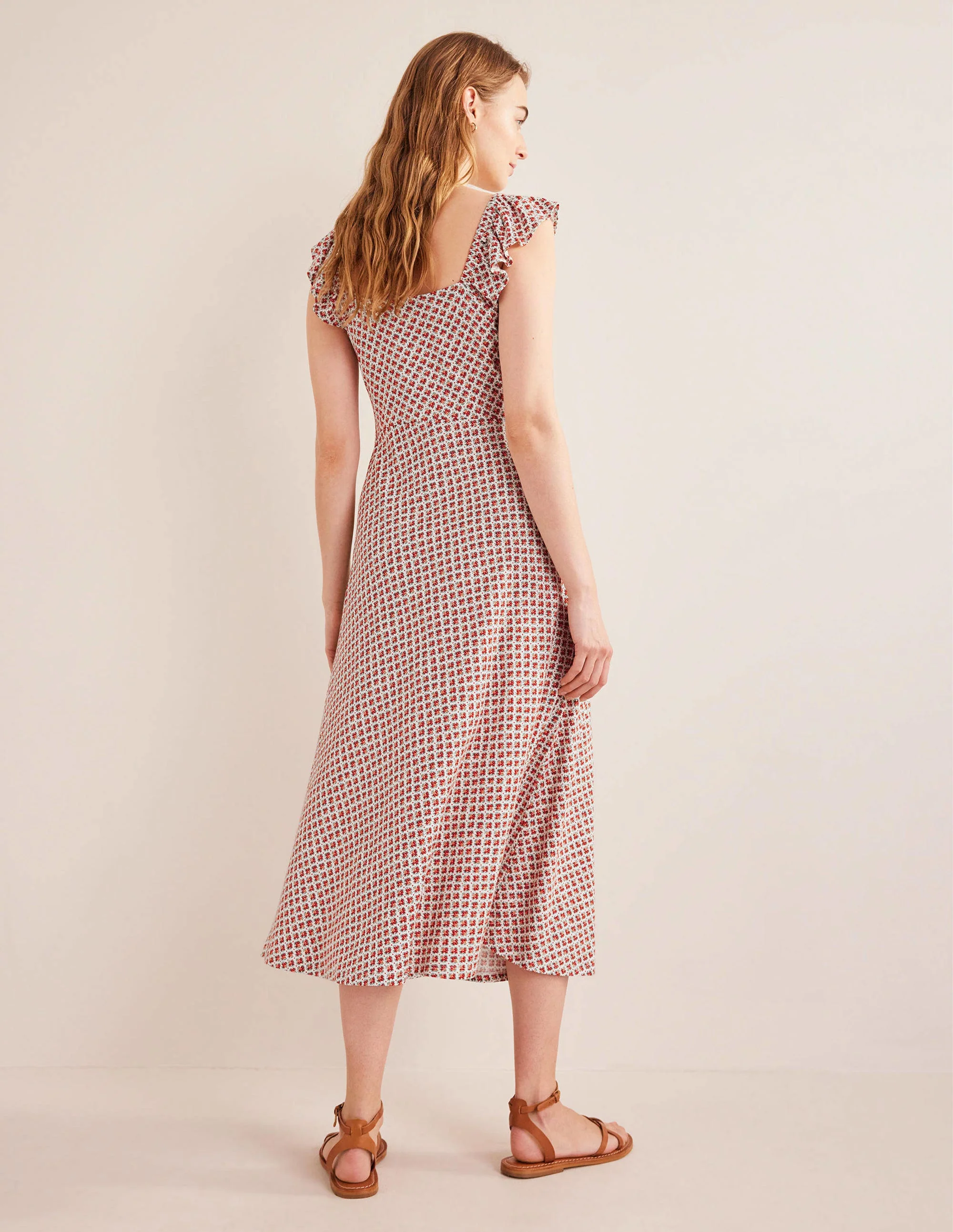 Frill Detail Jersey Midi Dress-Vermillion, Bloom Bud - Image 3