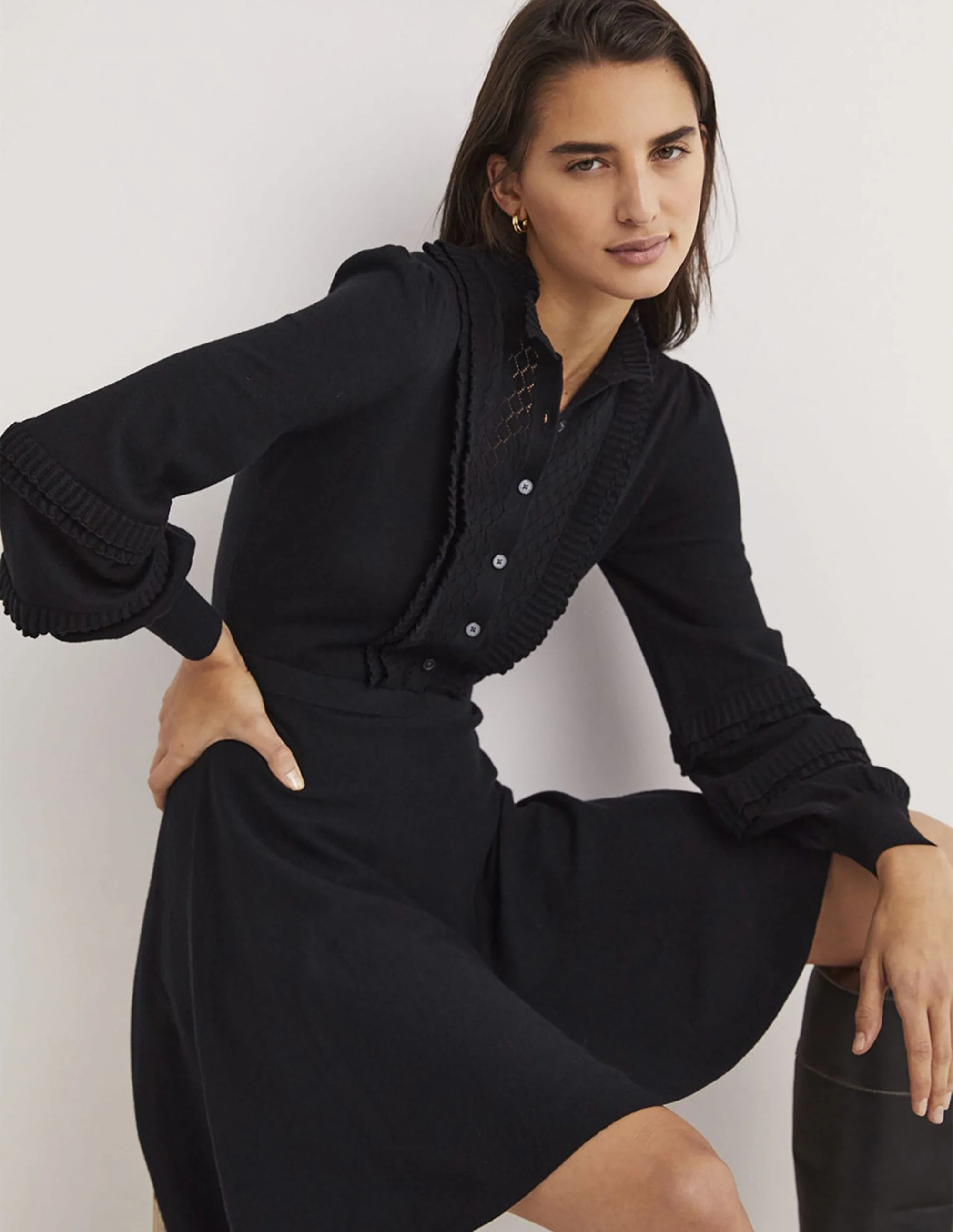 Frill Knitted Mini Dress-Black - Image 4