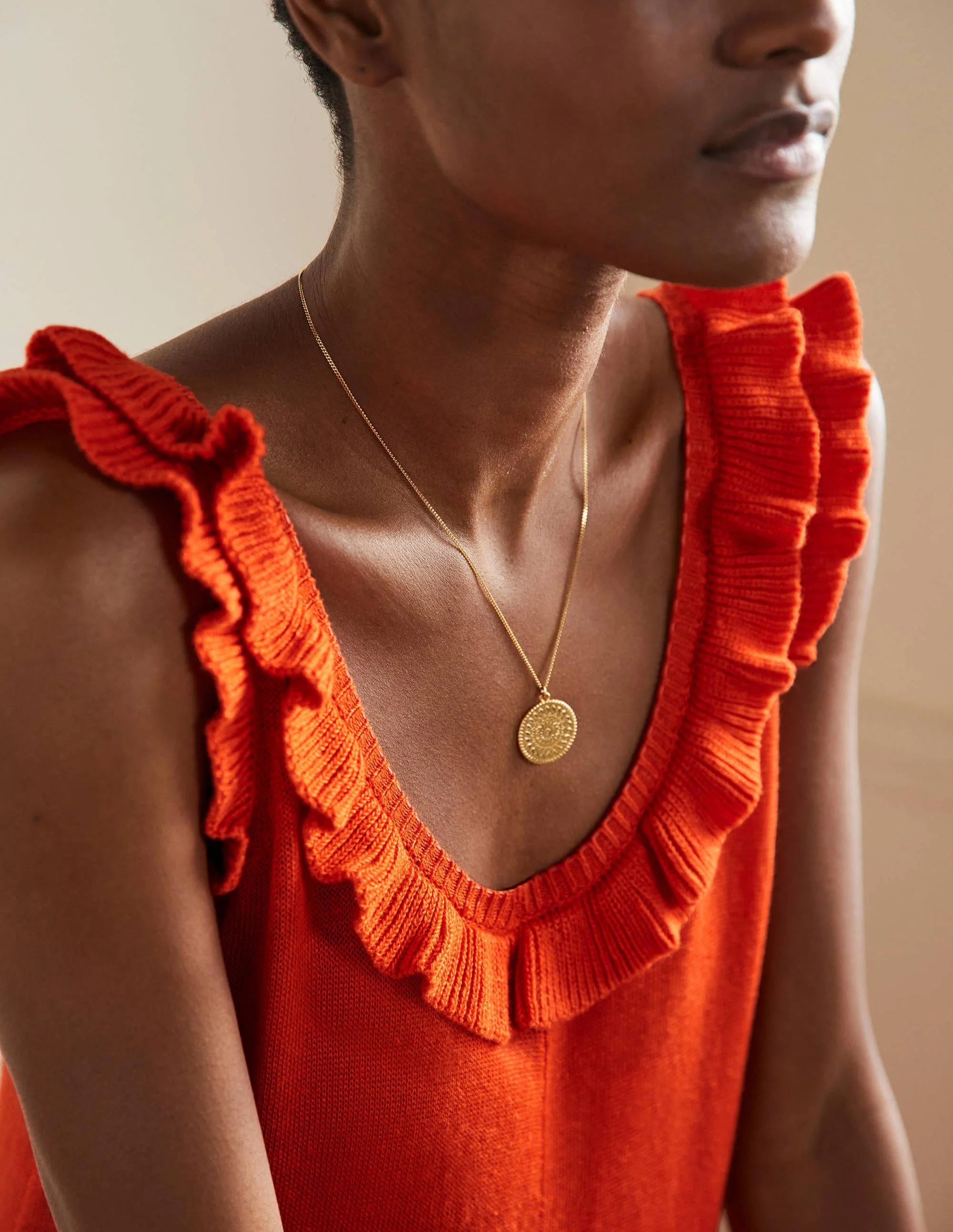 Frill Neck Knitted Midi Dress-Bright Papaya - Image 6