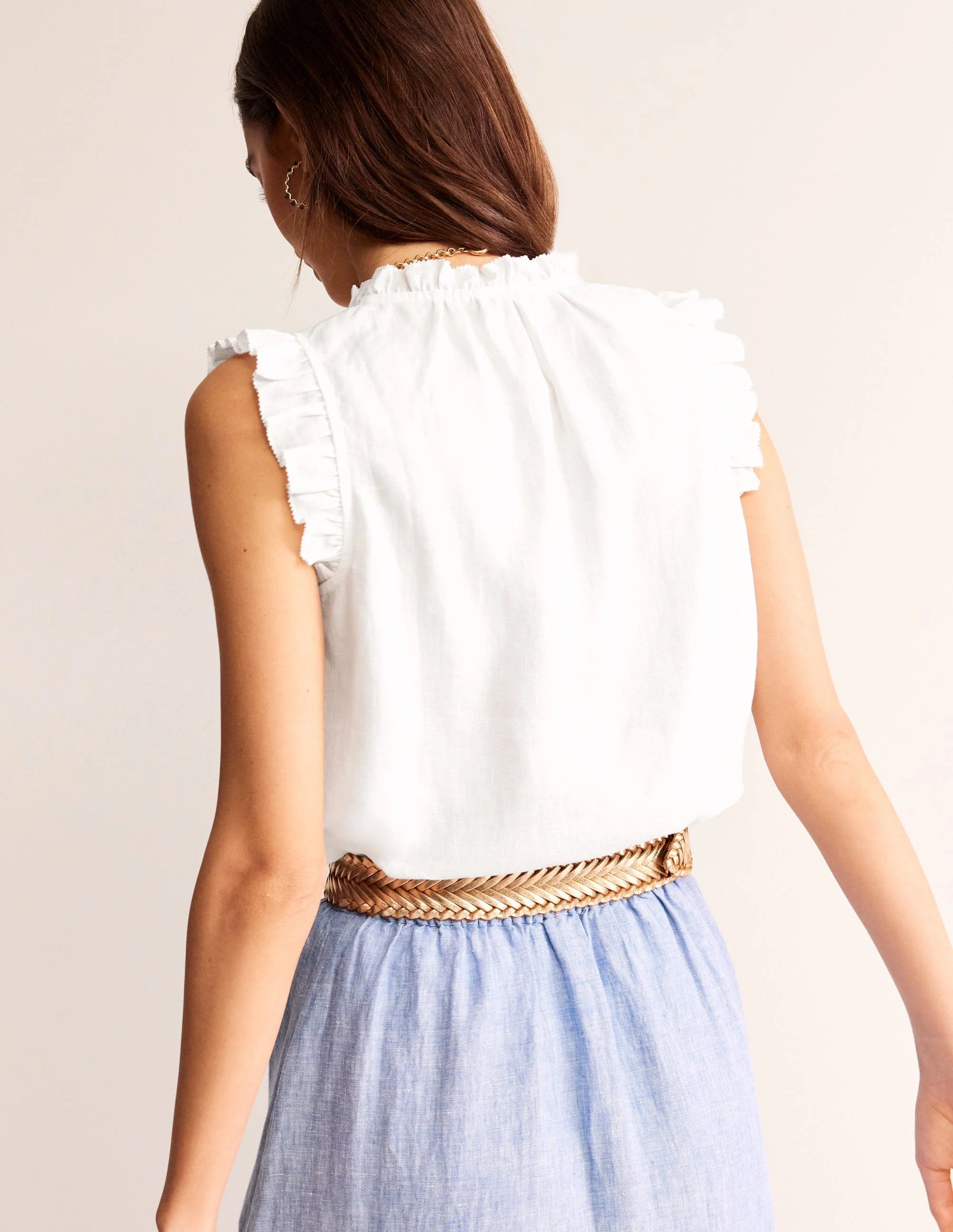 Frill Sleeve Linen Notch Top-White - Image 3