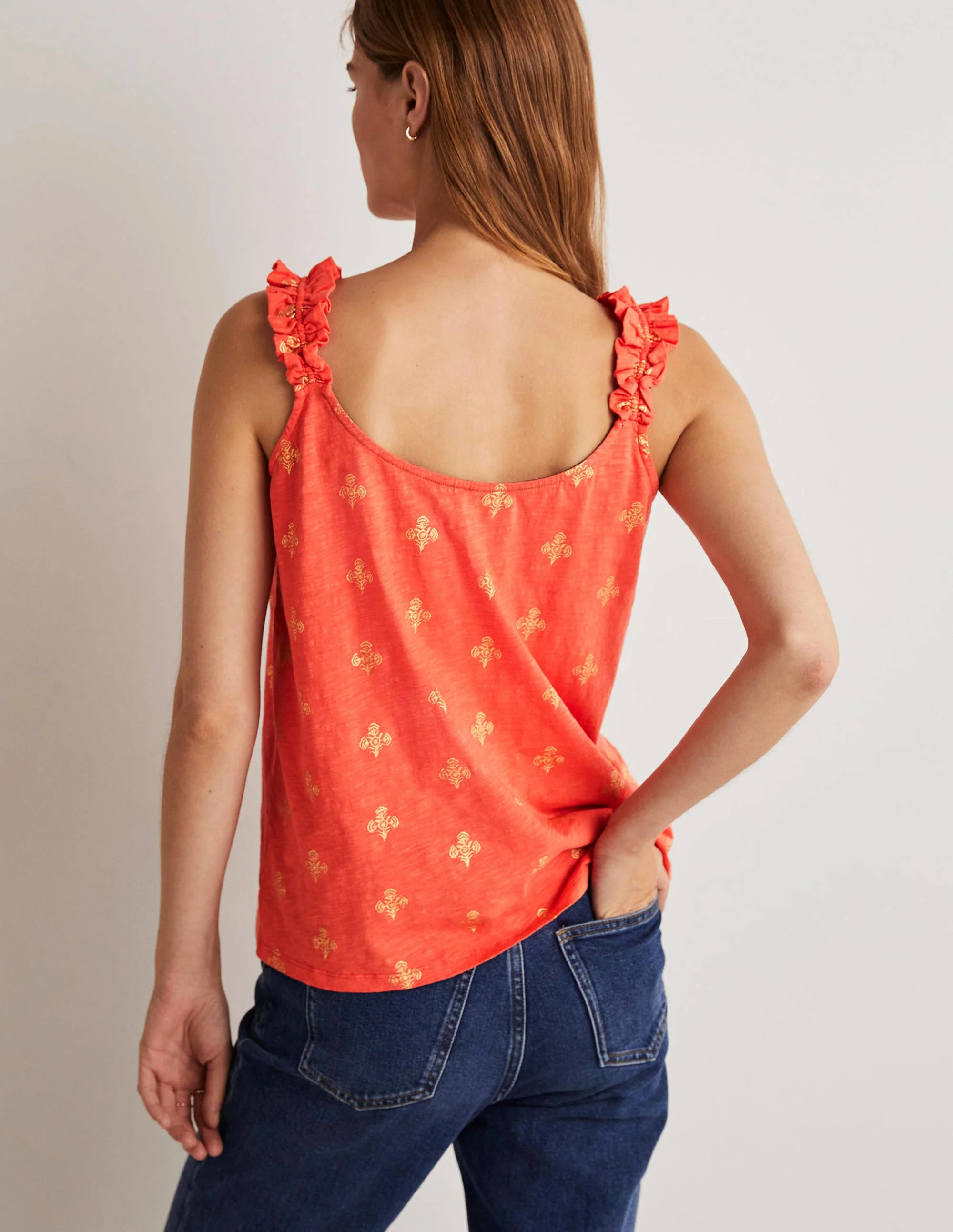 Frill Strap Jersey Top-Bright Papaya, Poppy Bloom - Image 3