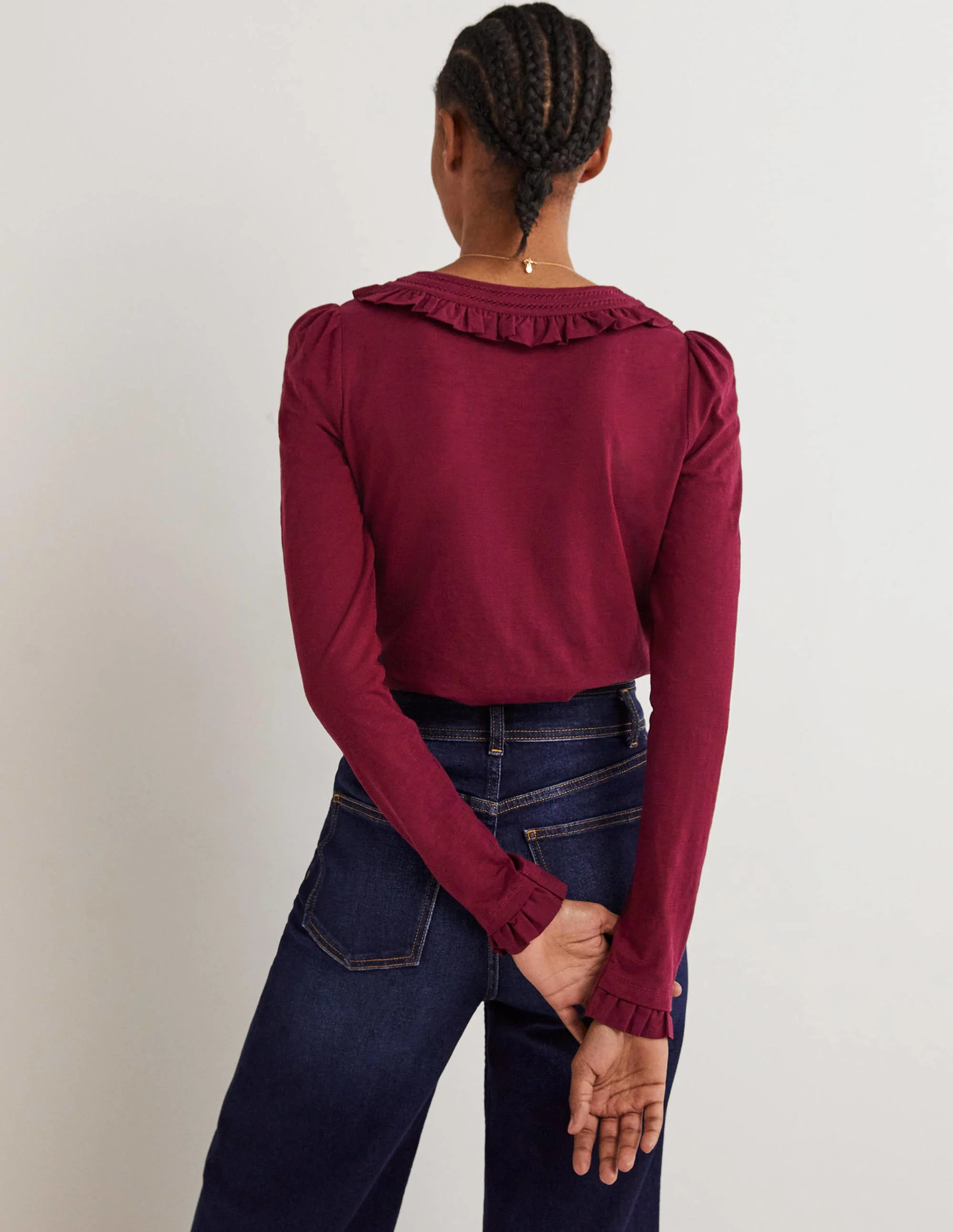 Frill Trim Crew Neck Top-Mulled Wine Purple - Image 3
