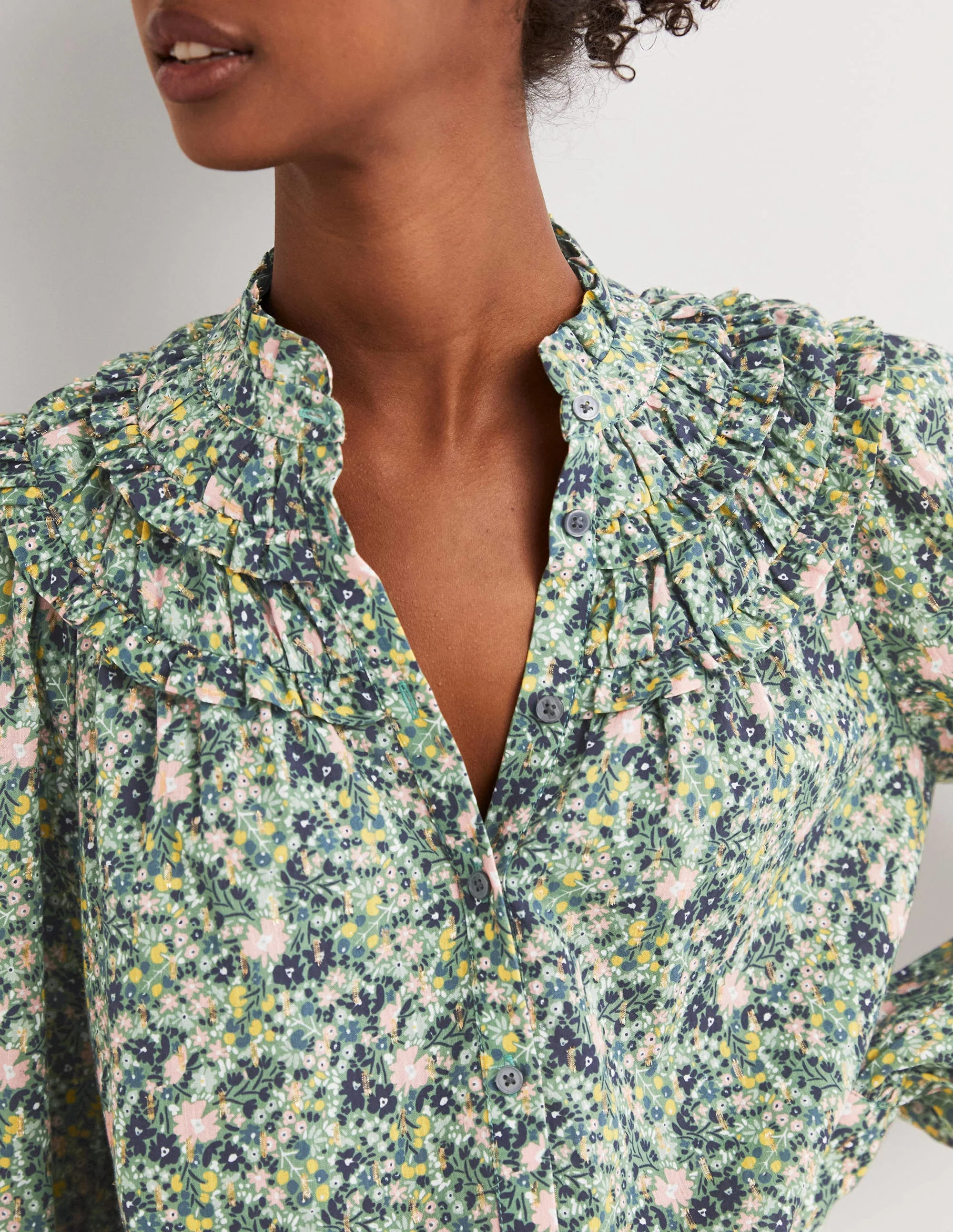 Frilled High Neck Shirt-Rosemary, Abstract Ditsy - Image 2