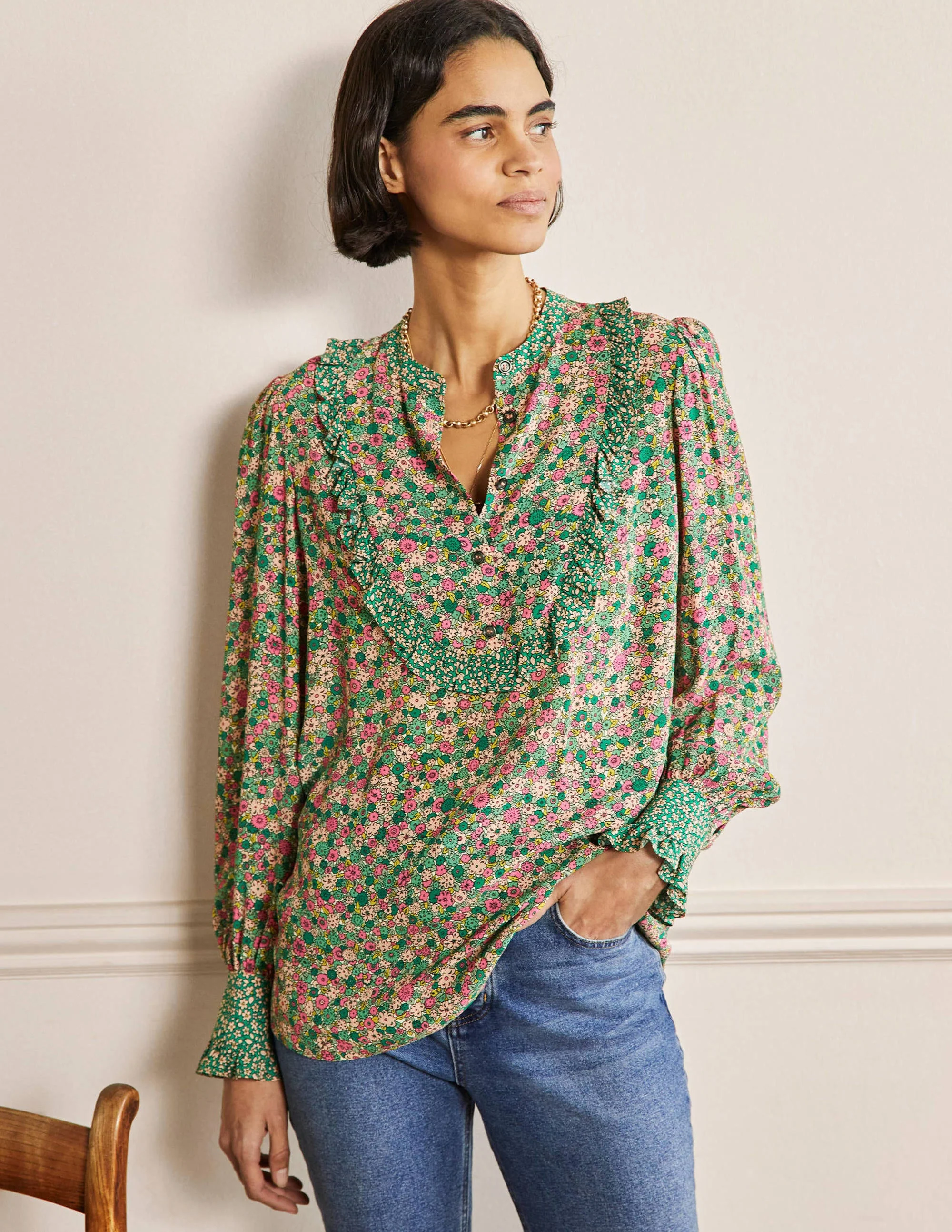 Frilly Printed Popover Blouse-Highland Green, Floret Cluster - Image 4