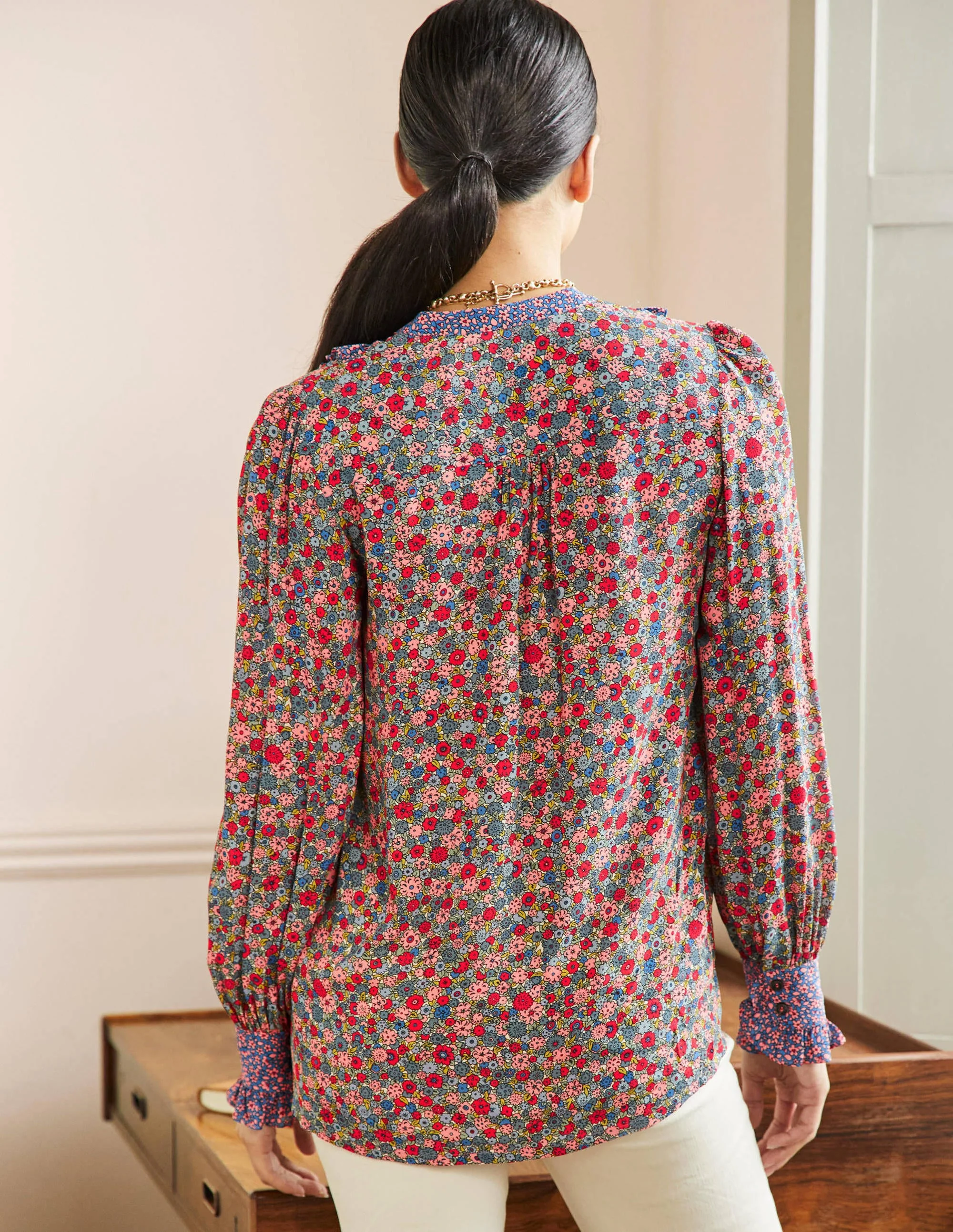 Frilly Printed Popover Blouse-Riviera Blue, Floret Cluster - Image 3