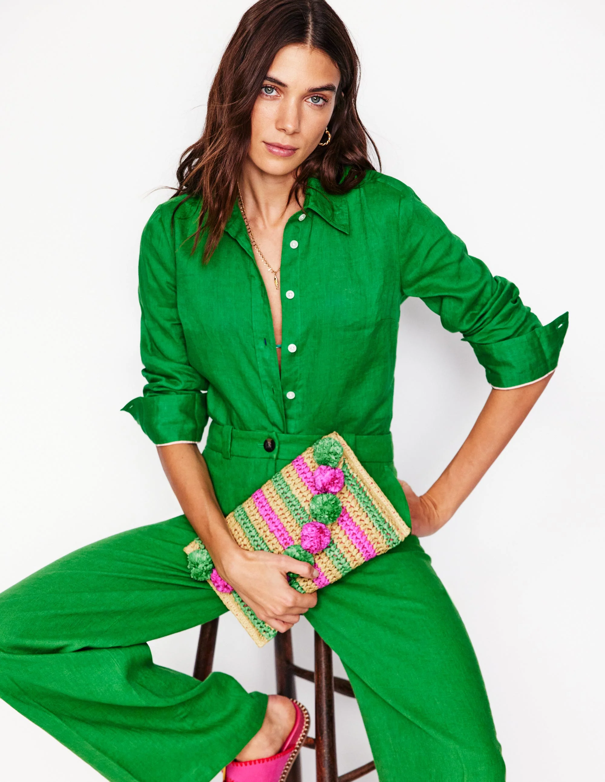 Fringe Raffia Clutch-Pink/Green - Image 2