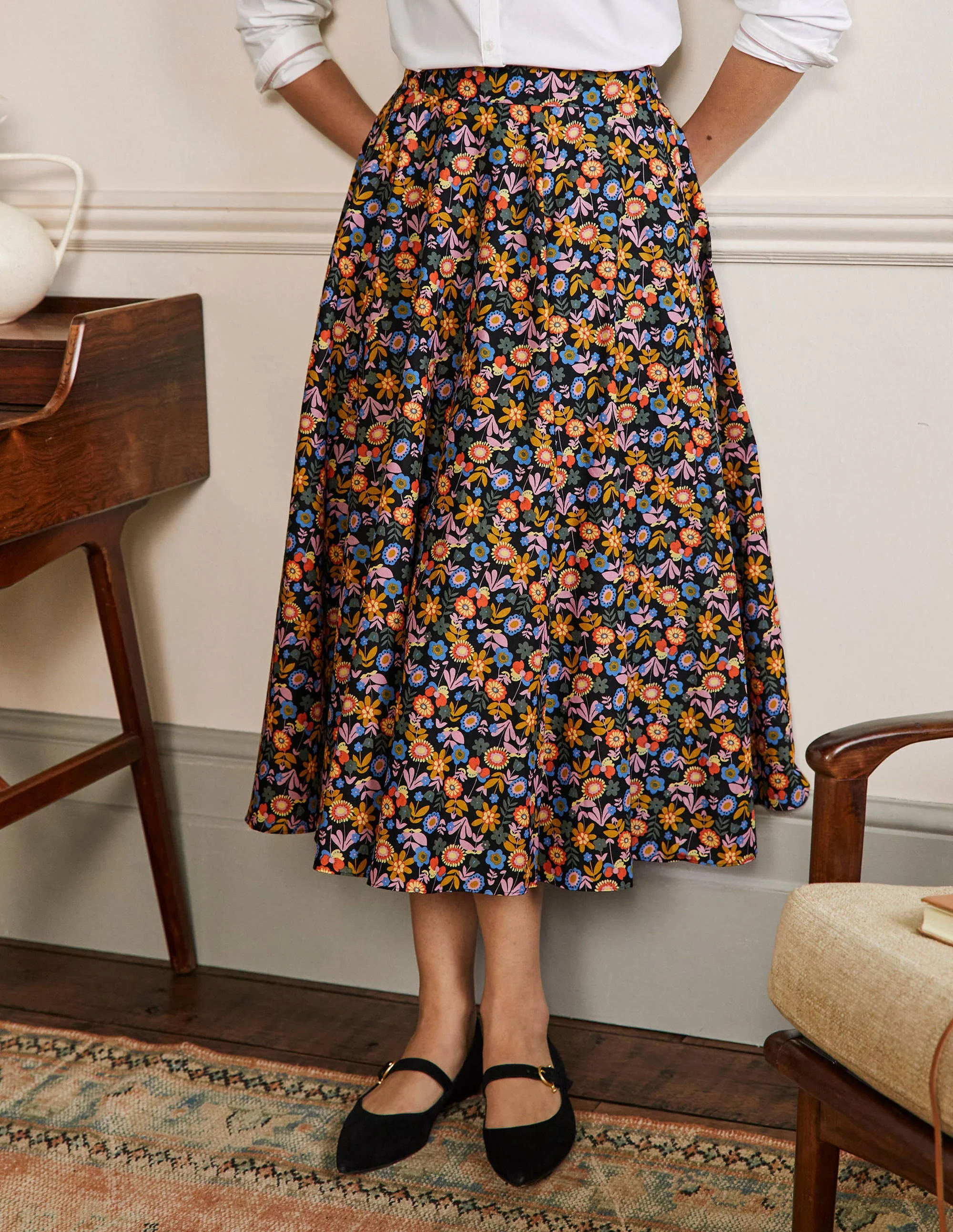 Full Cotton Midi Skirt-Black, Flora Bloom - Image 4