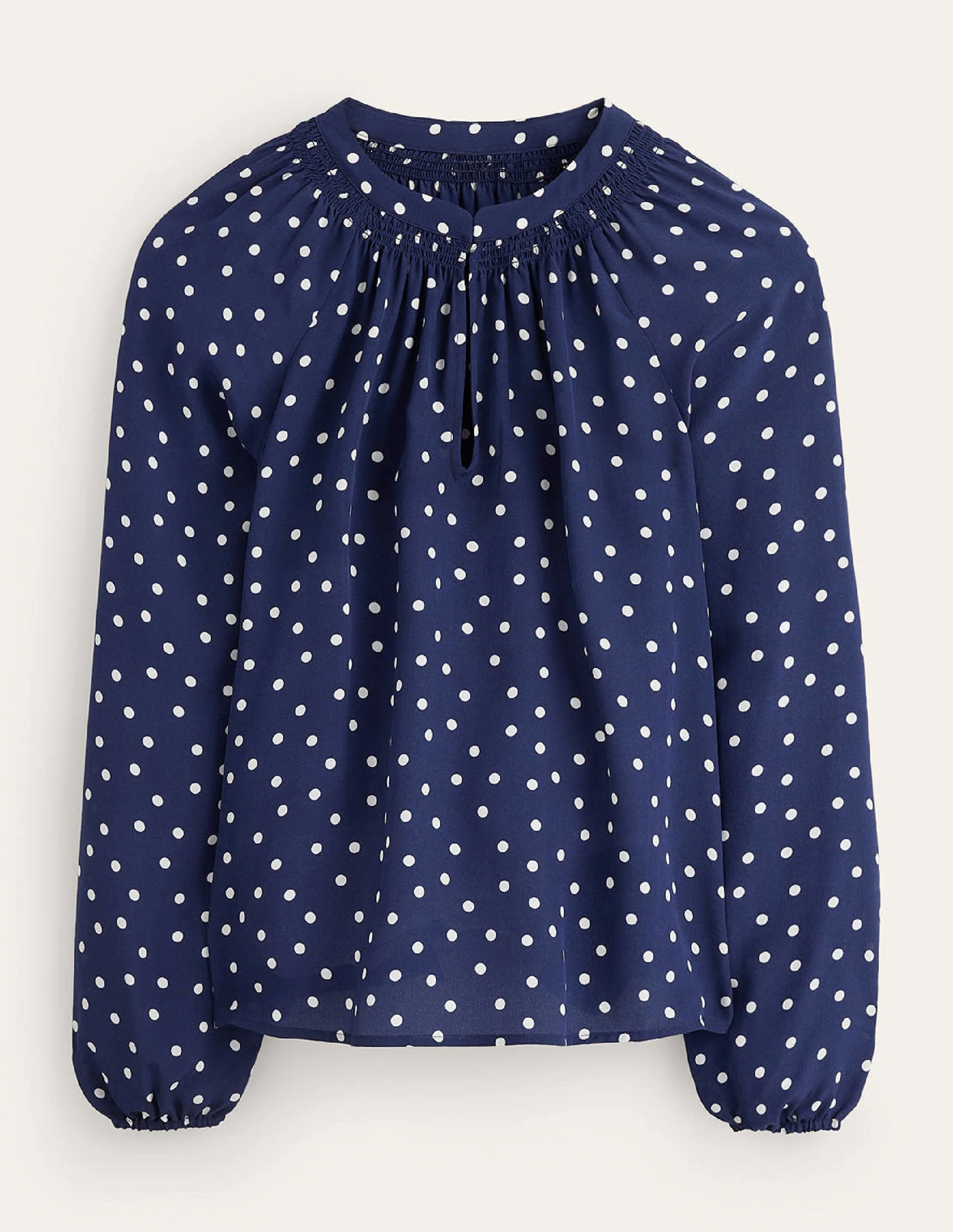 Gathered Neck Silk Blouse-Navy Spot - Image 5