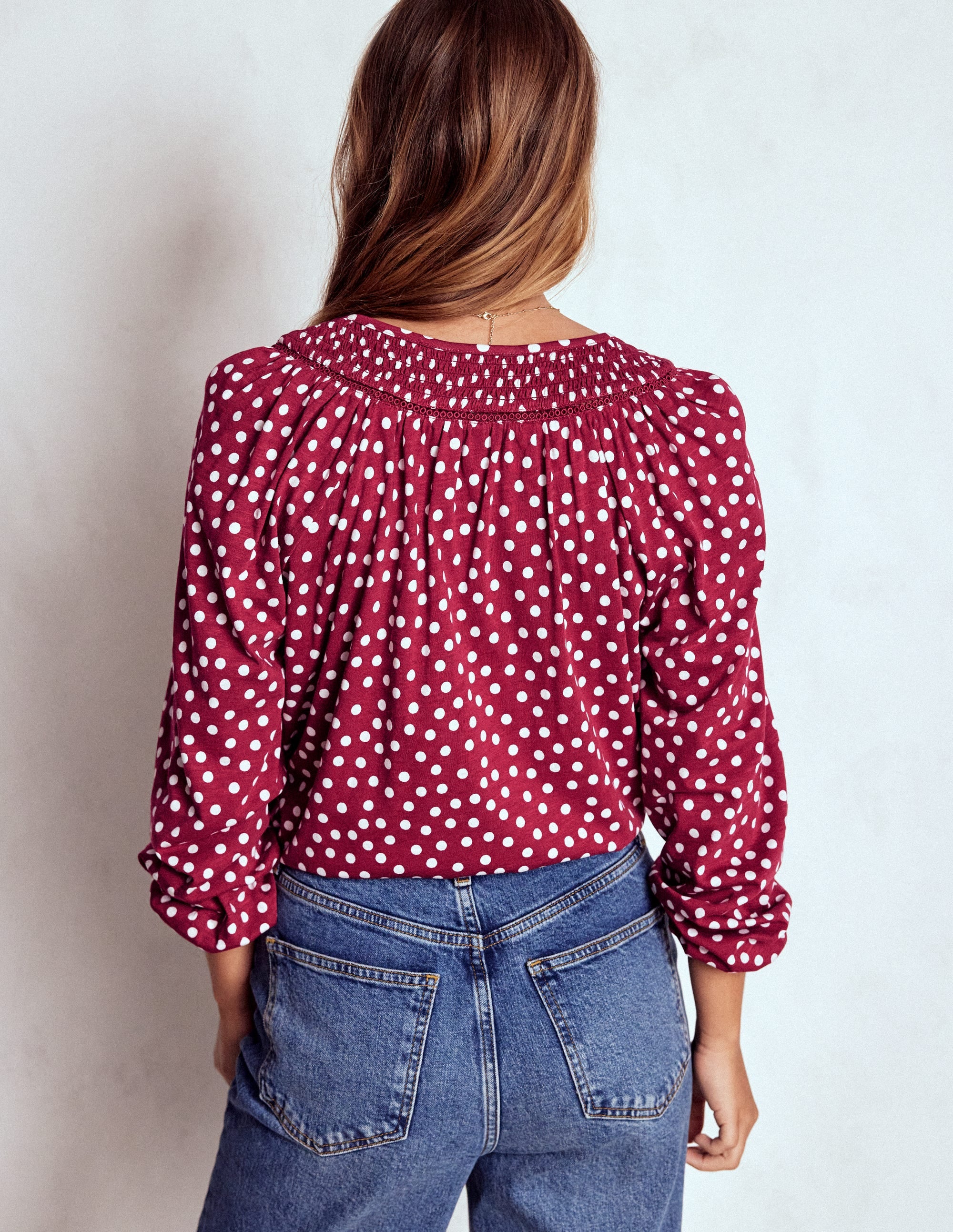 Georgia Smocked Jersey Top-Chestnut, Ivory Painted Dot - Image 3